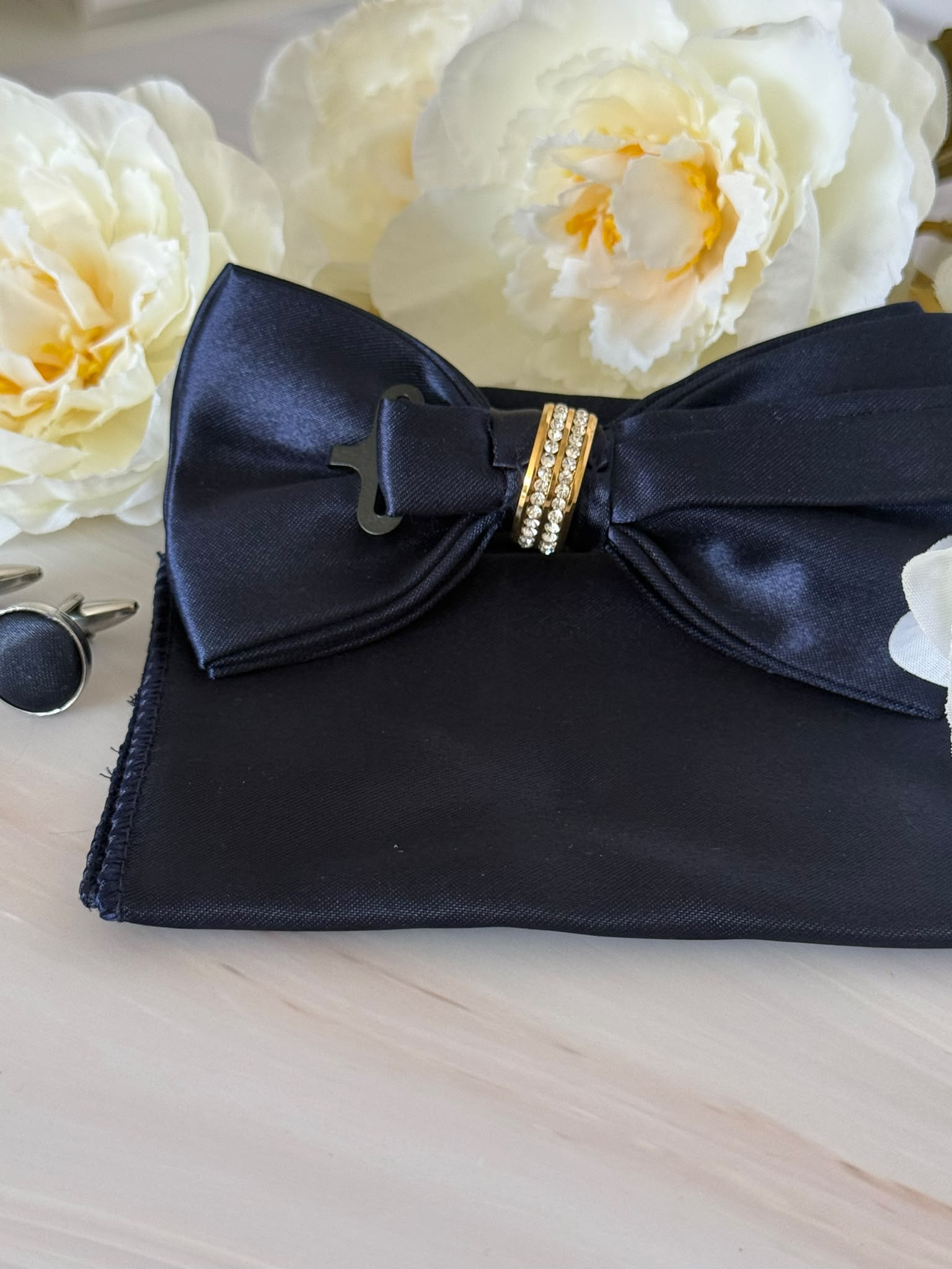 Navy Blue Bow Tie Set with Crystal Ring