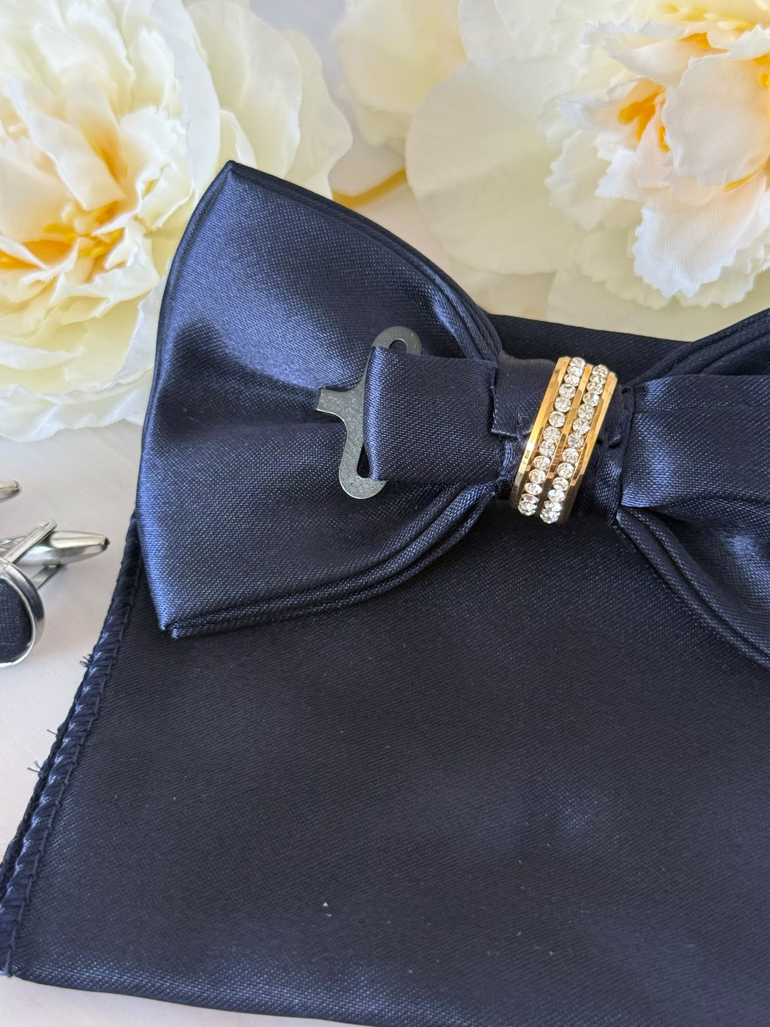 Navy Blue Bow Tie Set with Crystal Ring