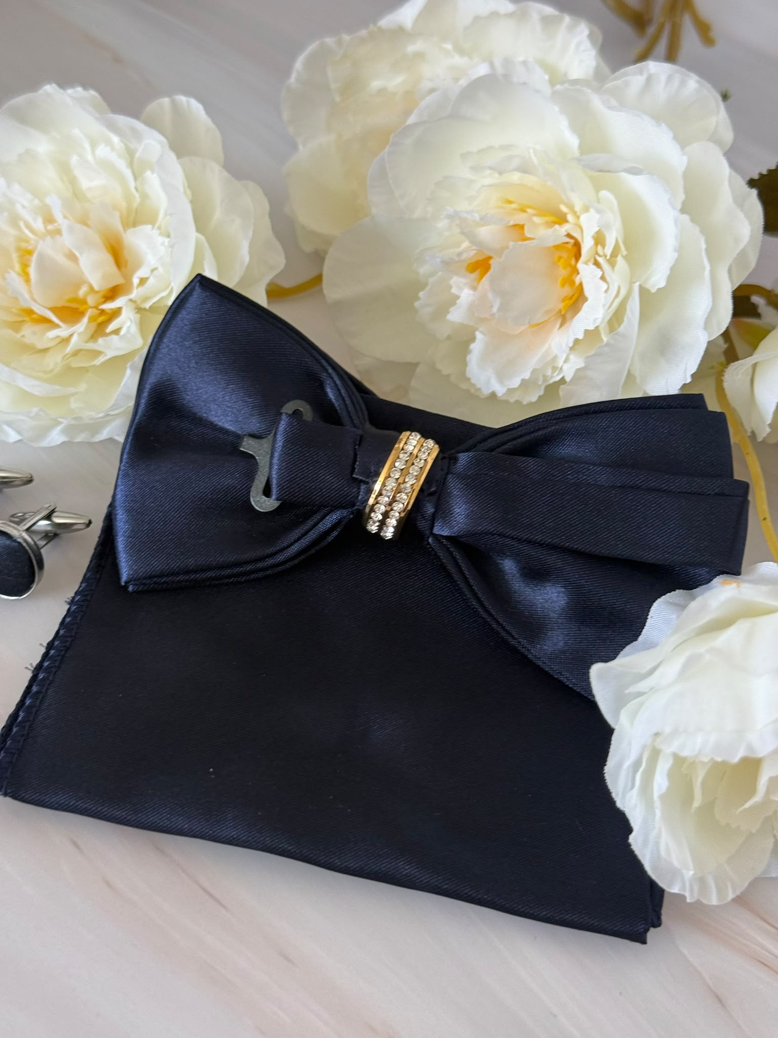 Navy Blue Bow Tie Set with Crystal Ring