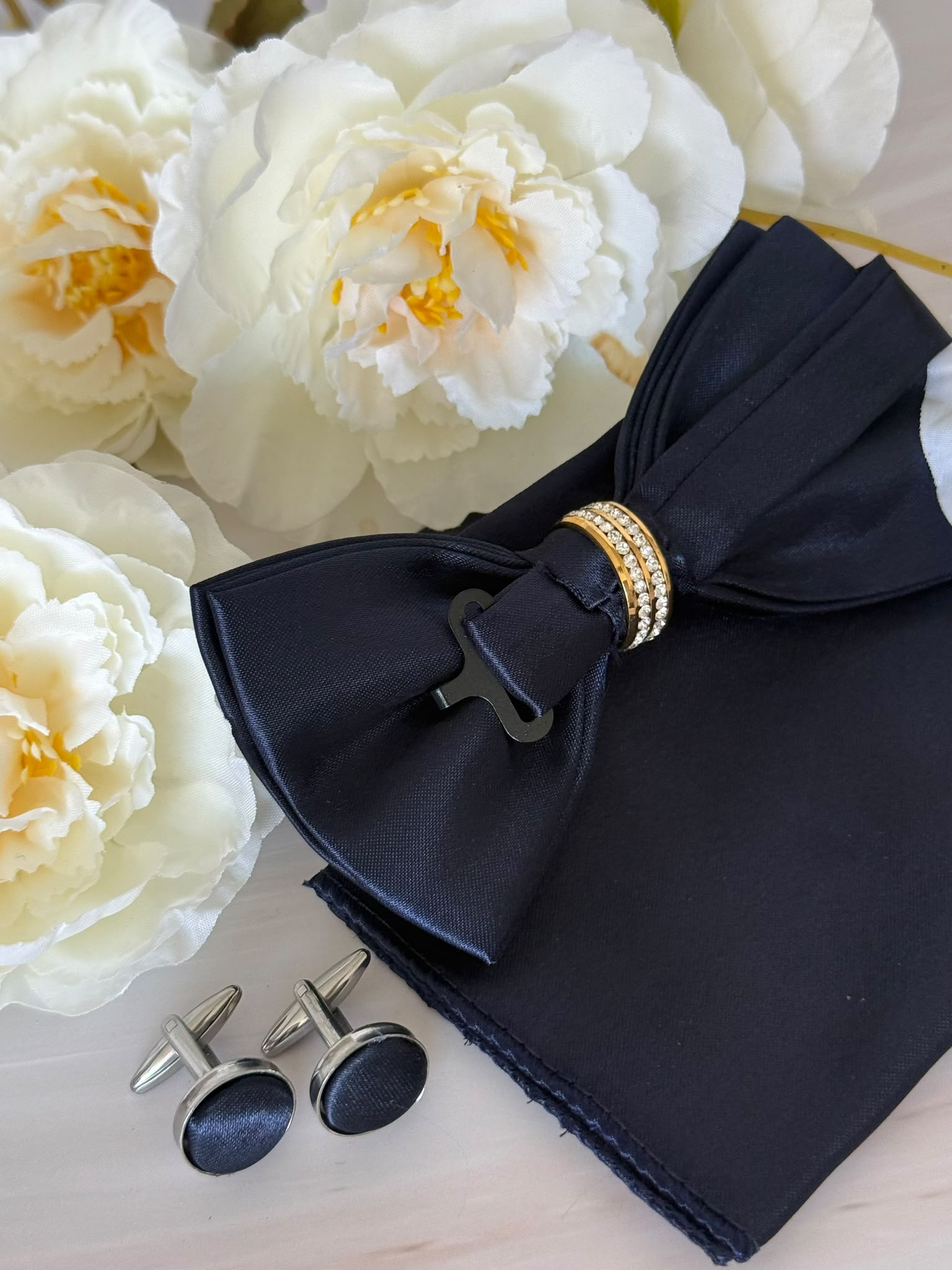Navy Blue Bow Tie Set with Crystal Ring