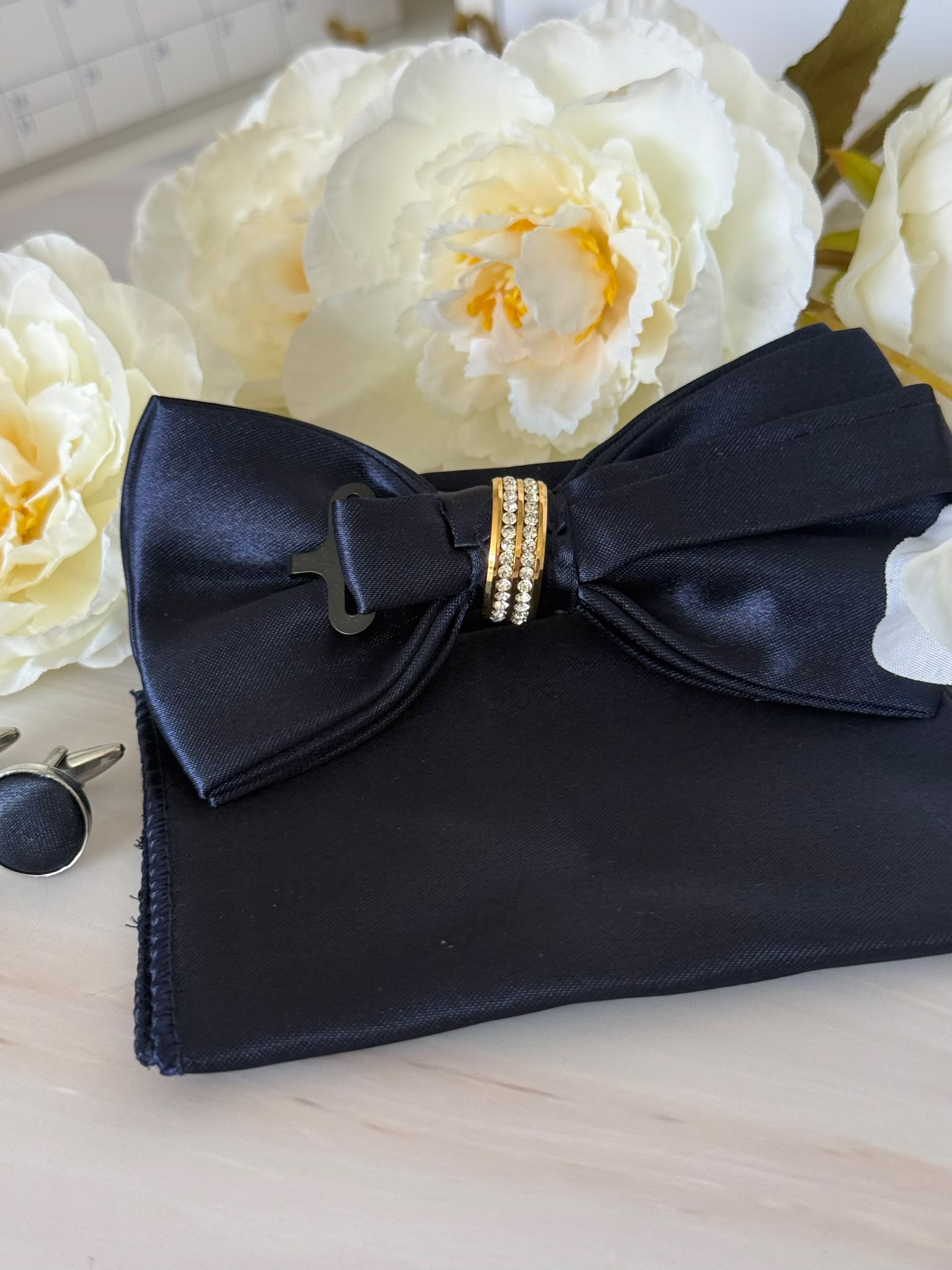 Navy Blue Bow Tie Set with Crystal Ring