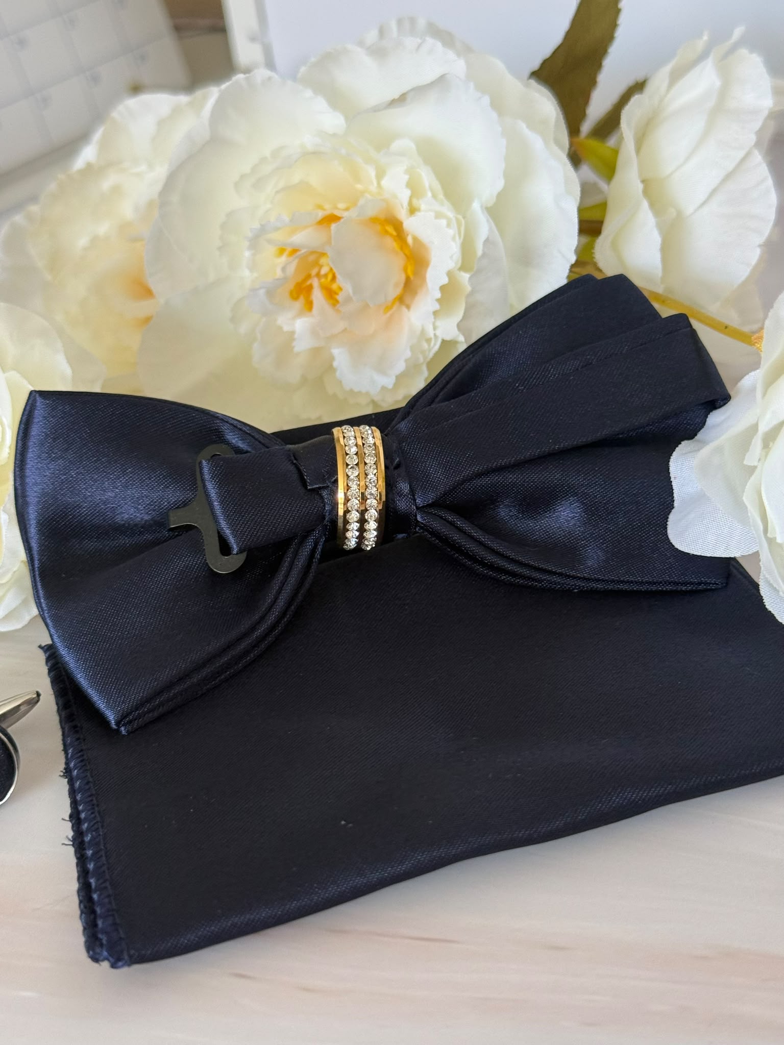 Navy Blue Bow Tie Set with Crystal Ring