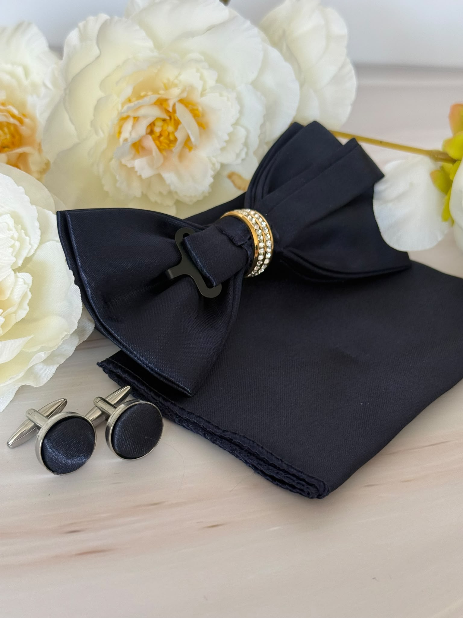 Navy Blue Bow Tie Set with Crystal Ring
