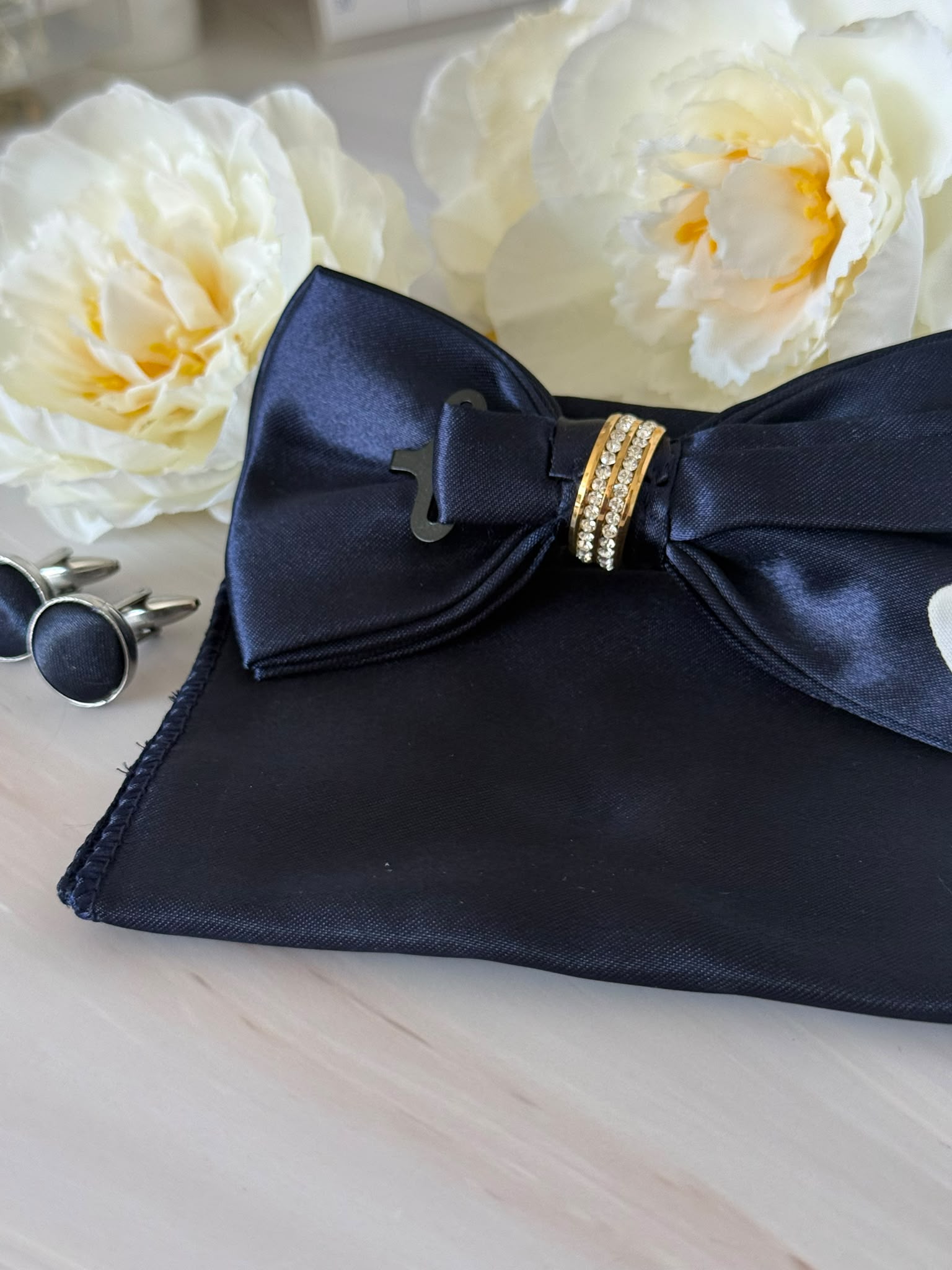 Navy Blue Bow Tie Set with Crystal Ring