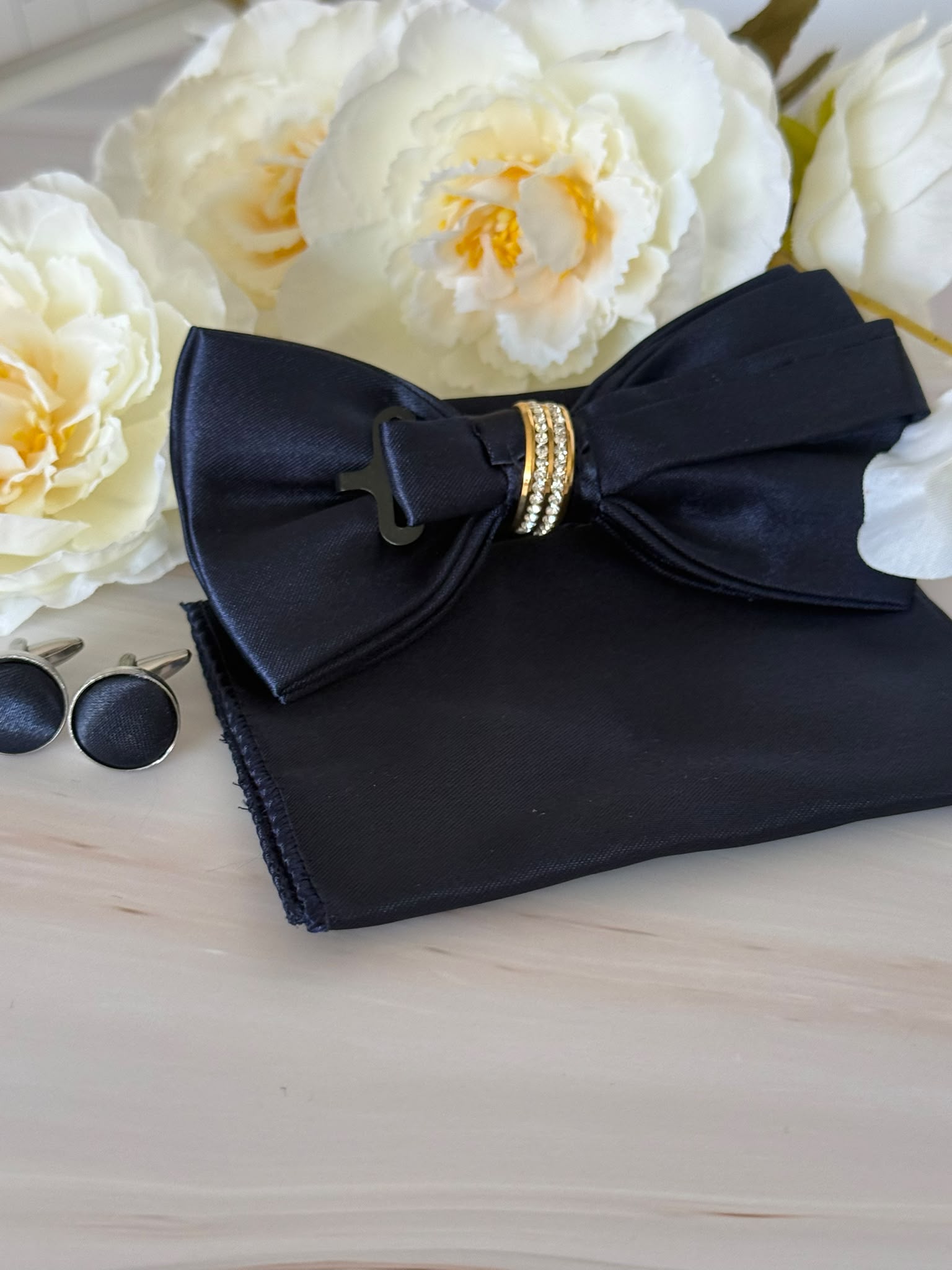 Navy Blue Bow Tie Set with Crystal Ring
