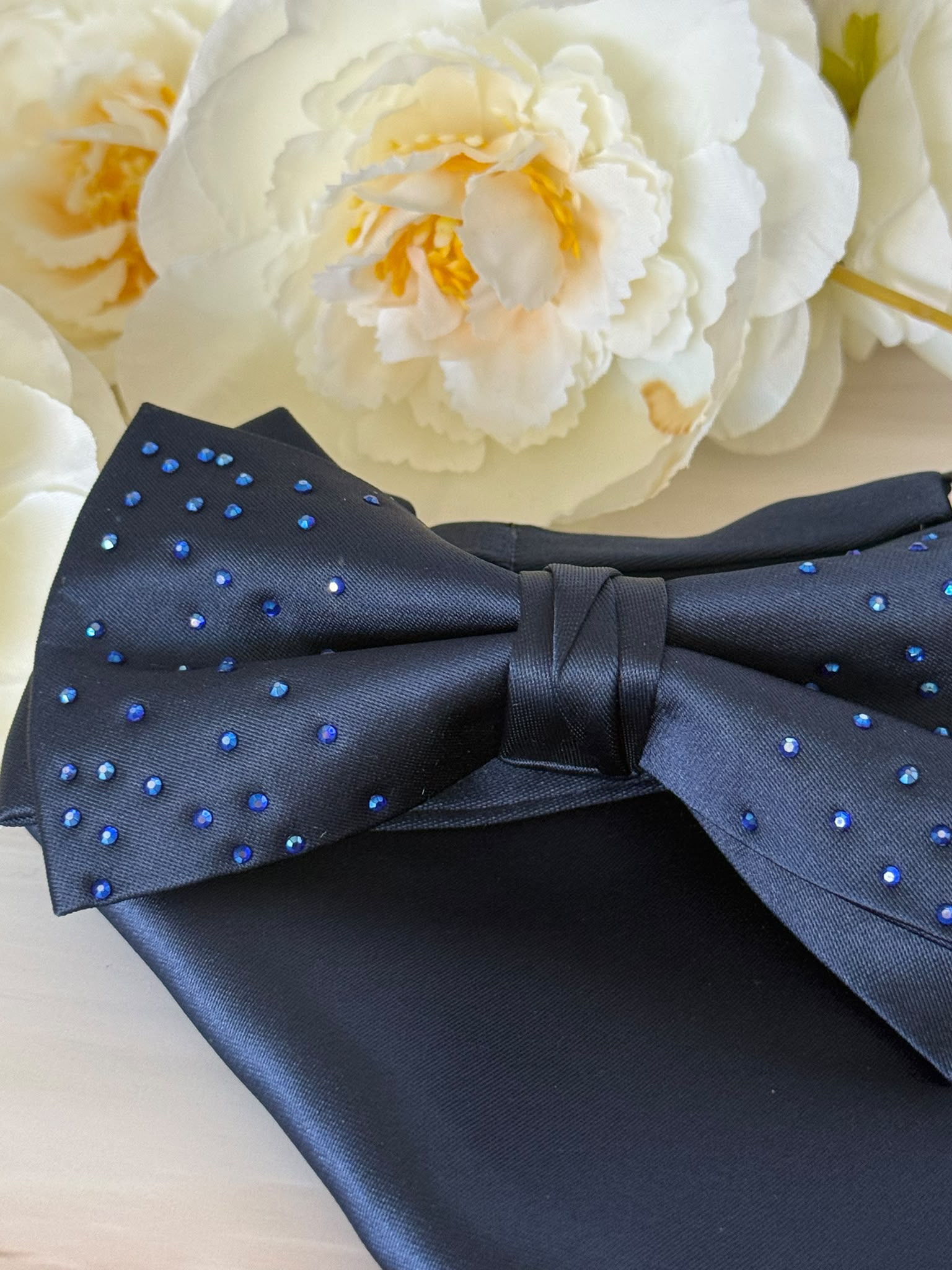 Rhinestone Navy Blue Satin Bow Tie & Pocket Square Set