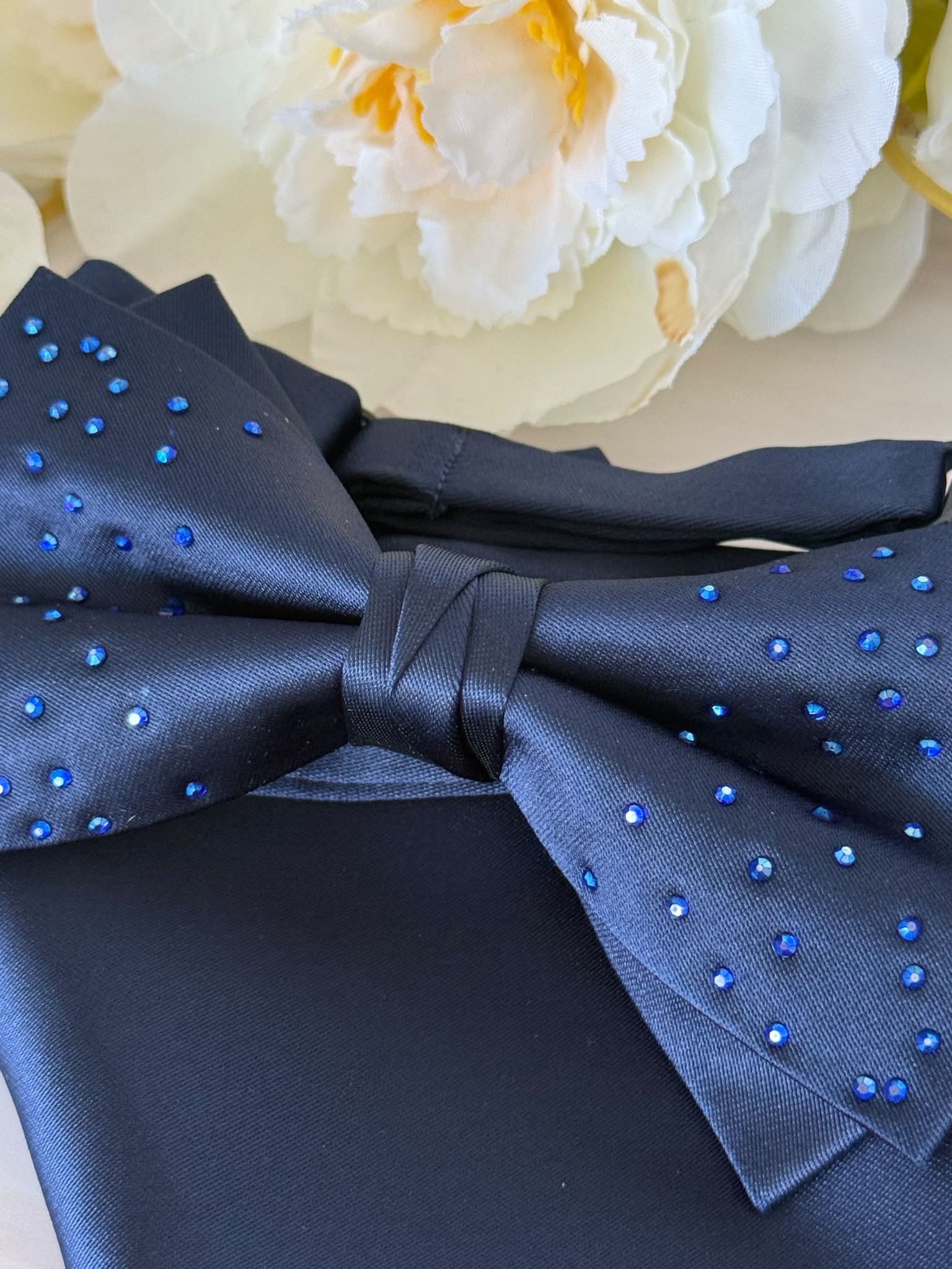 Rhinestone Navy Blue Satin Bow Tie & Pocket Square Set