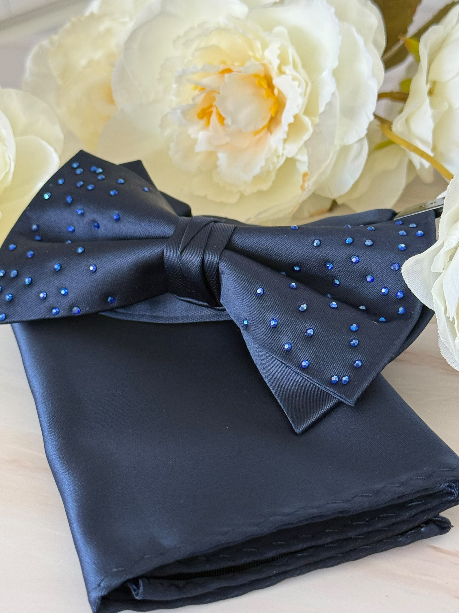 Rhinestone Navy Blue Satin Bow Tie & Pocket Square Set
