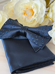 Rhinestone Navy Blue Satin Bow Tie & Pocket Square Set