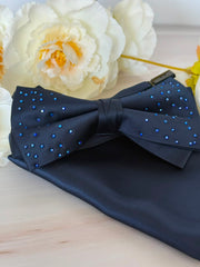 Rhinestone Navy Blue Satin Bow Tie & Pocket Square Set
