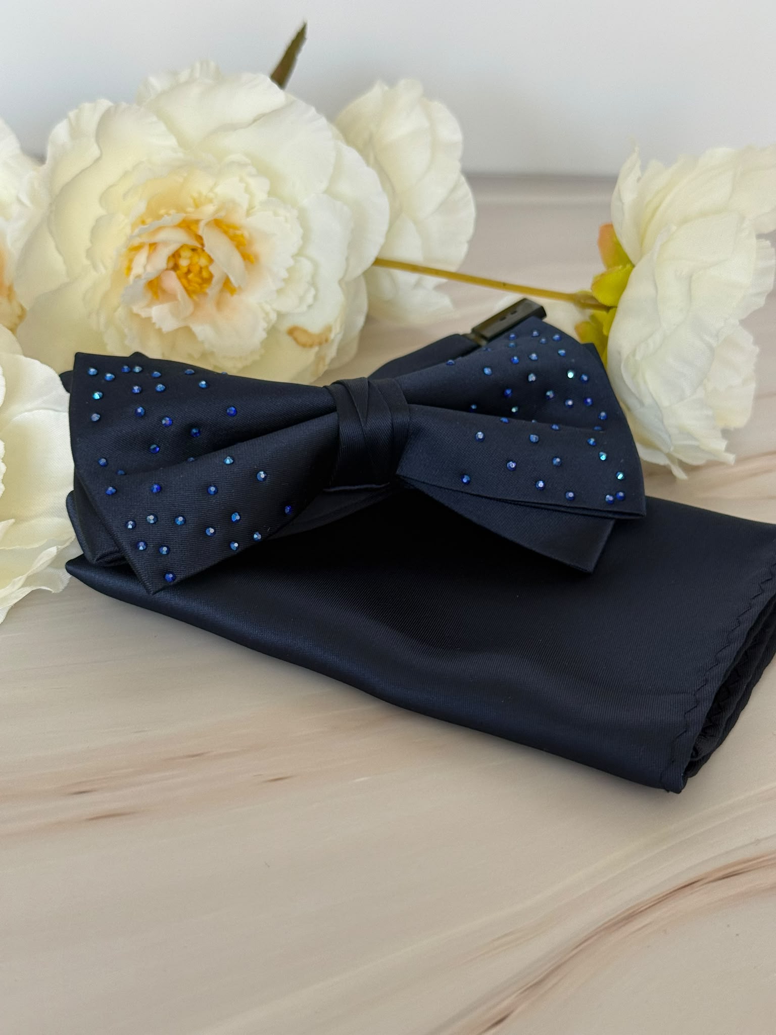 Rhinestone Navy Blue Satin Bow Tie & Pocket Square Set
