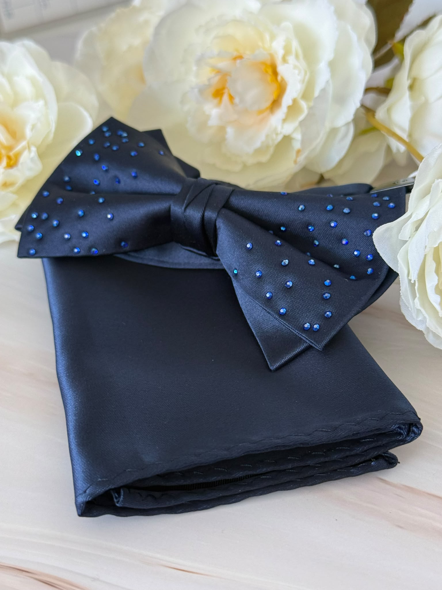 Rhinestone Navy Blue Satin Bow Tie & Pocket Square Set