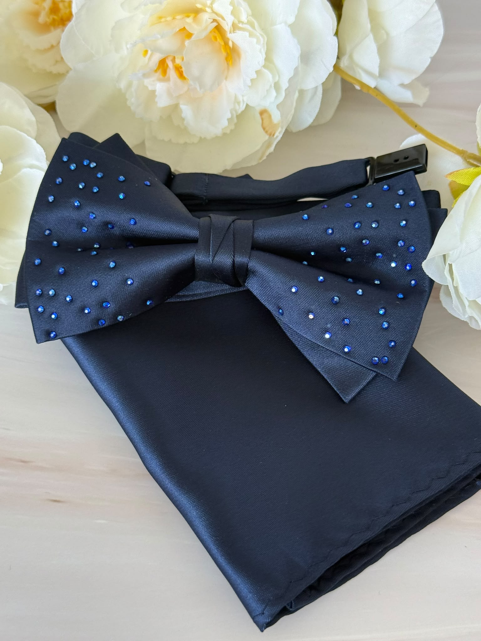 Rhinestone Navy Blue Satin Bow Tie & Pocket Square Set