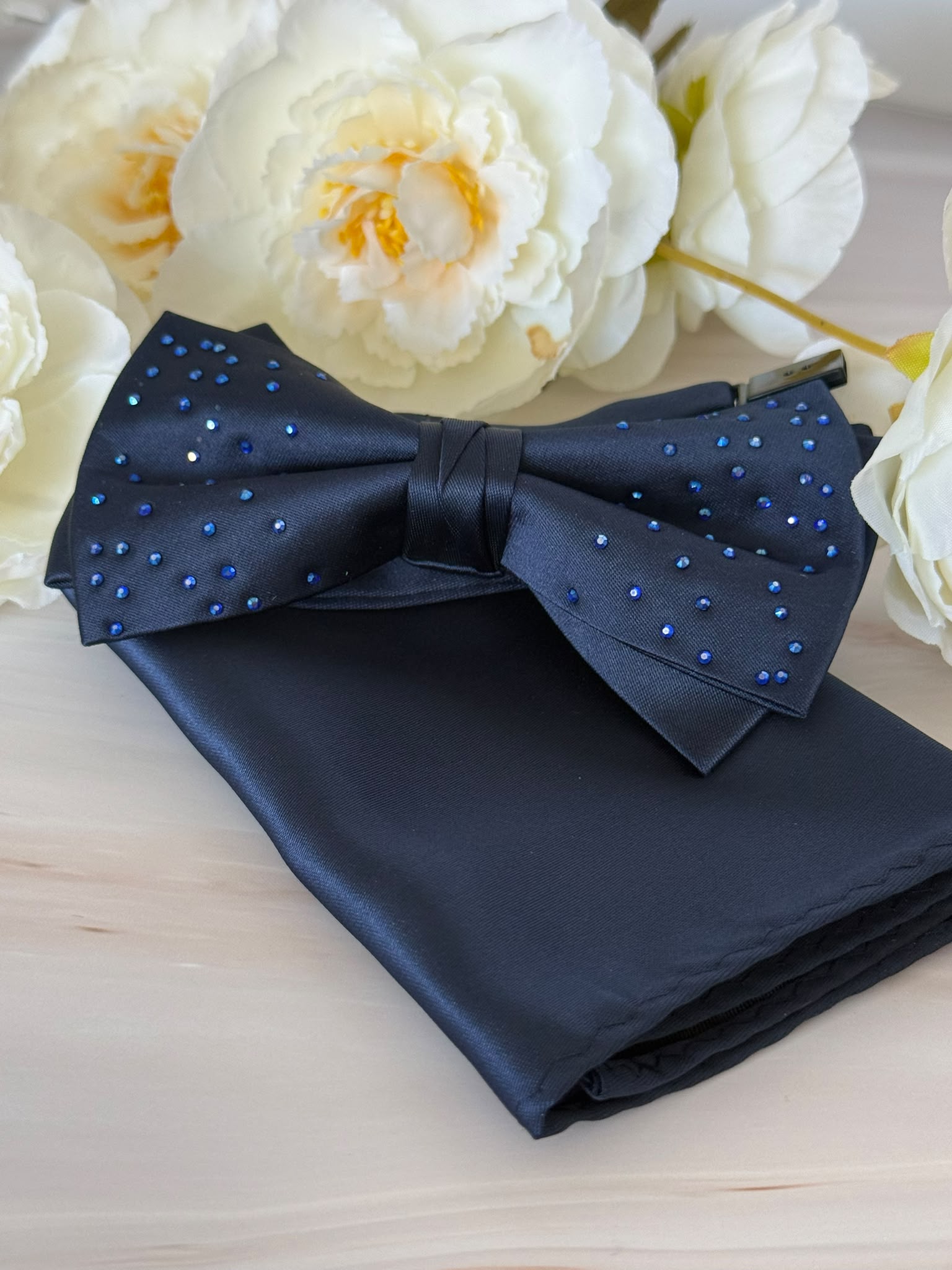 Rhinestone Navy Blue Satin Bow Tie & Pocket Square Set