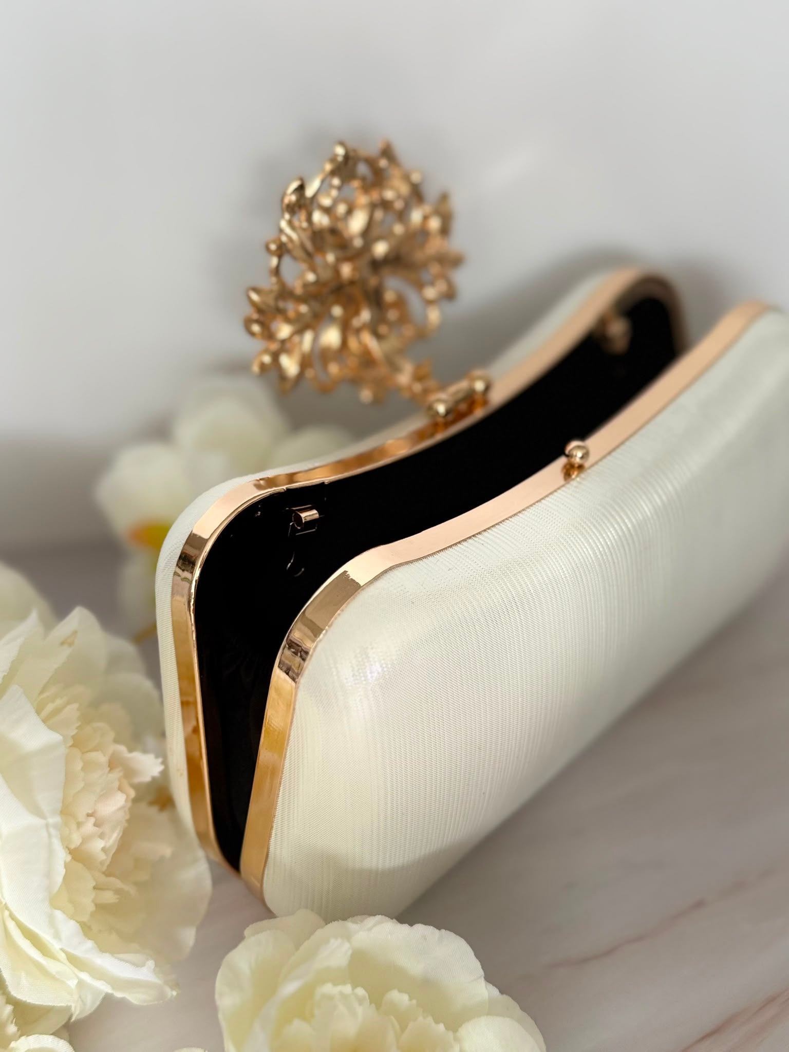 White Handbag with Crystal Clasp