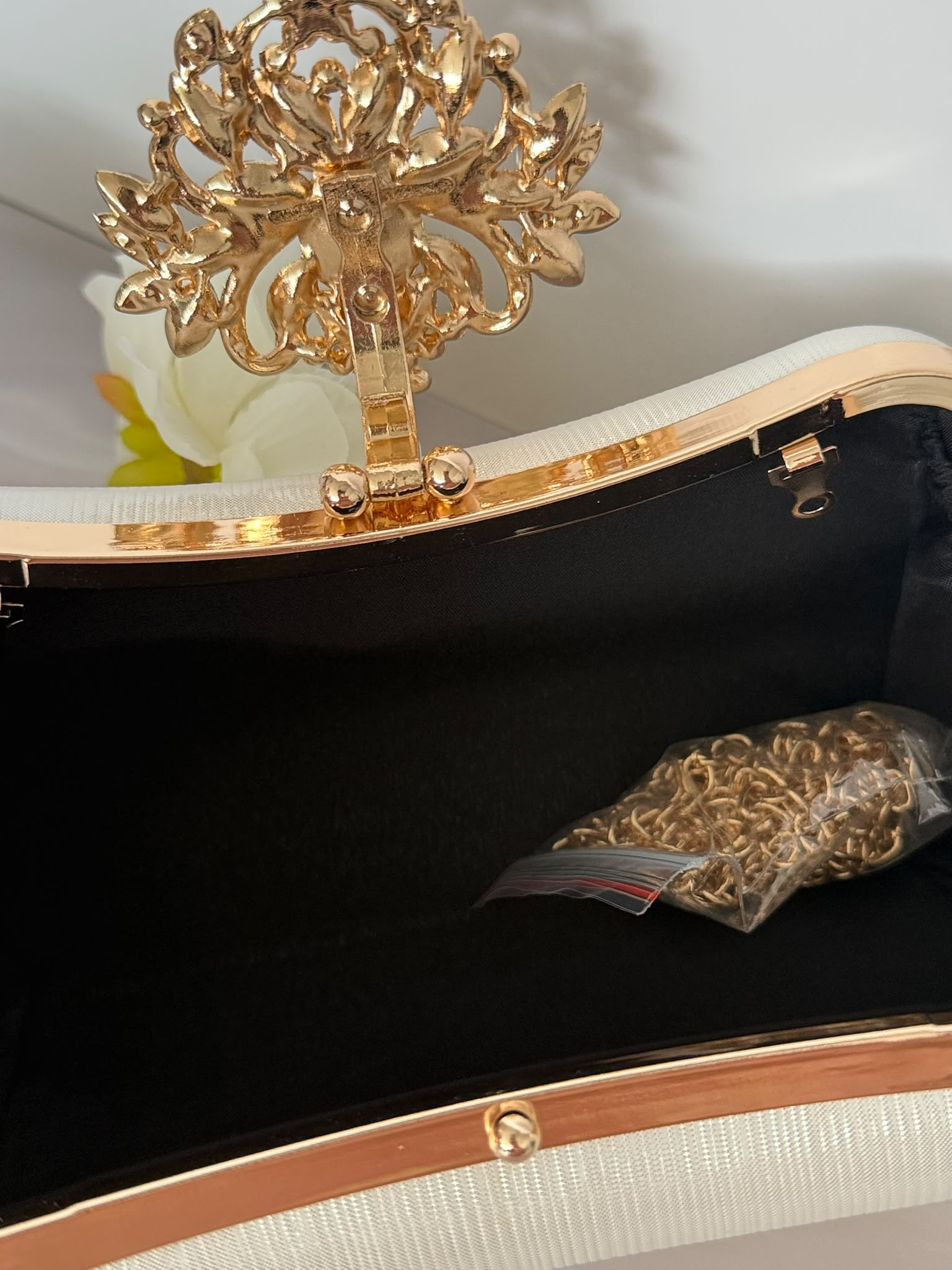 White Handbag with Crystal Clasp