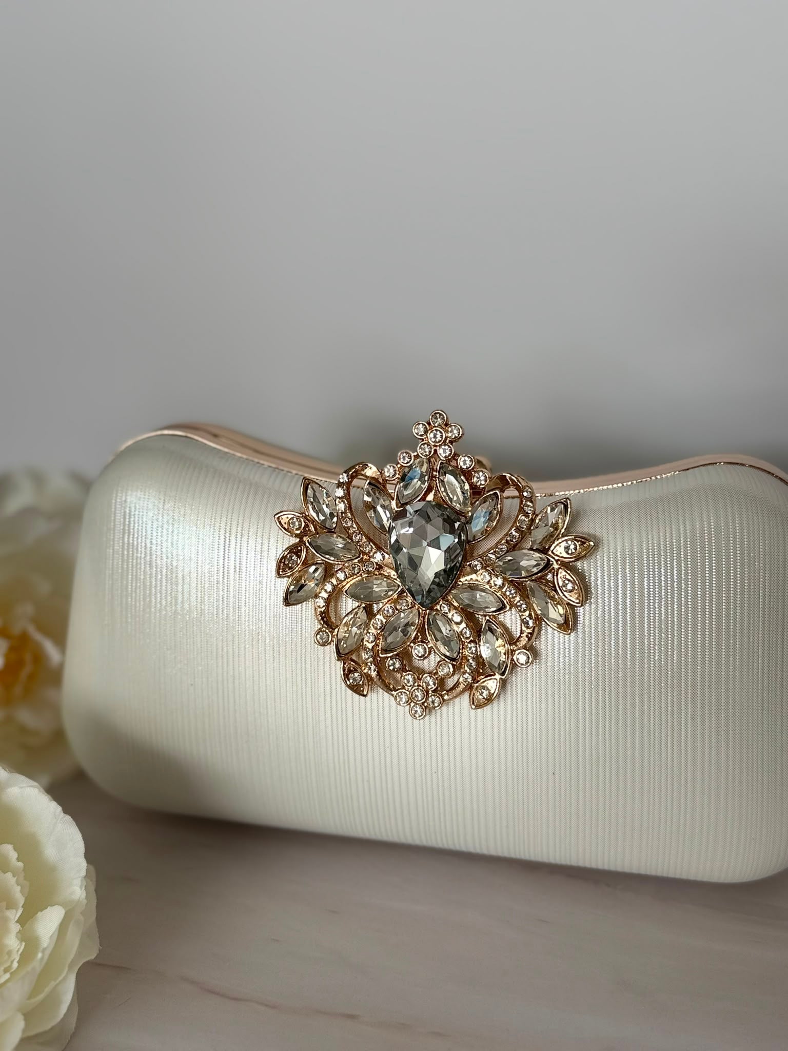 White Handbag with Crystal Clasp