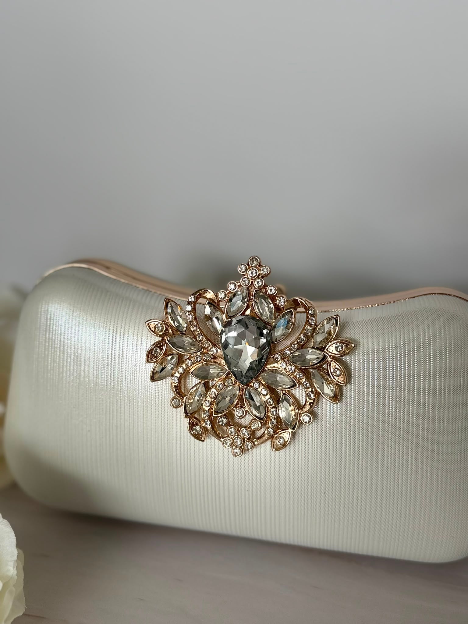 White Handbag with Crystal Clasp