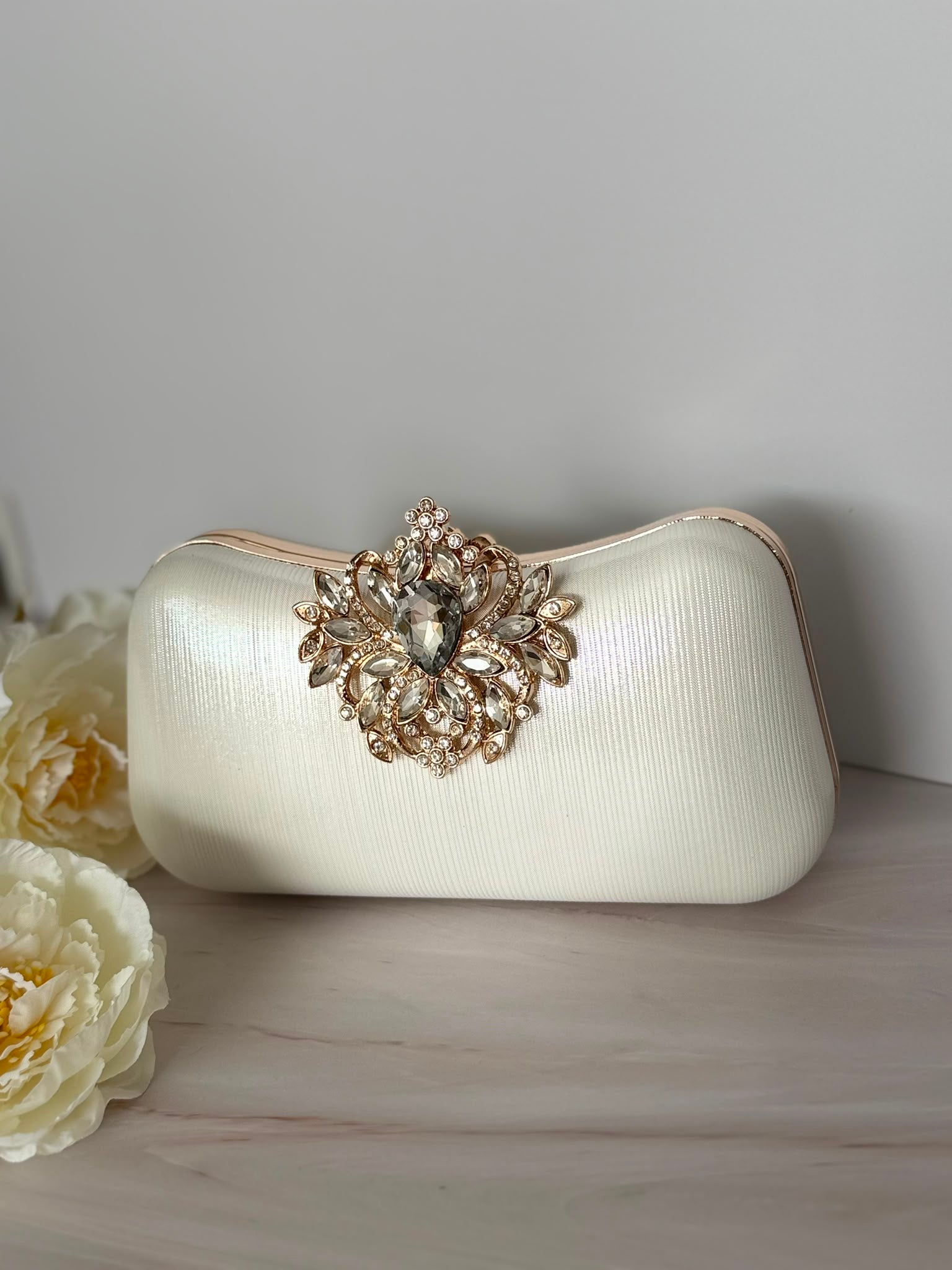 White Handbag with Crystal Clasp