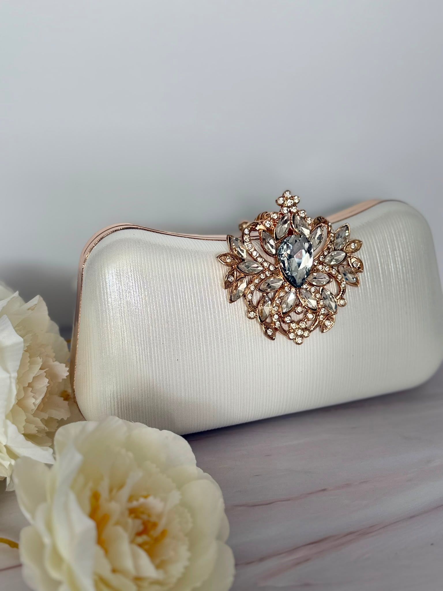 White Handbag with Crystal Clasp