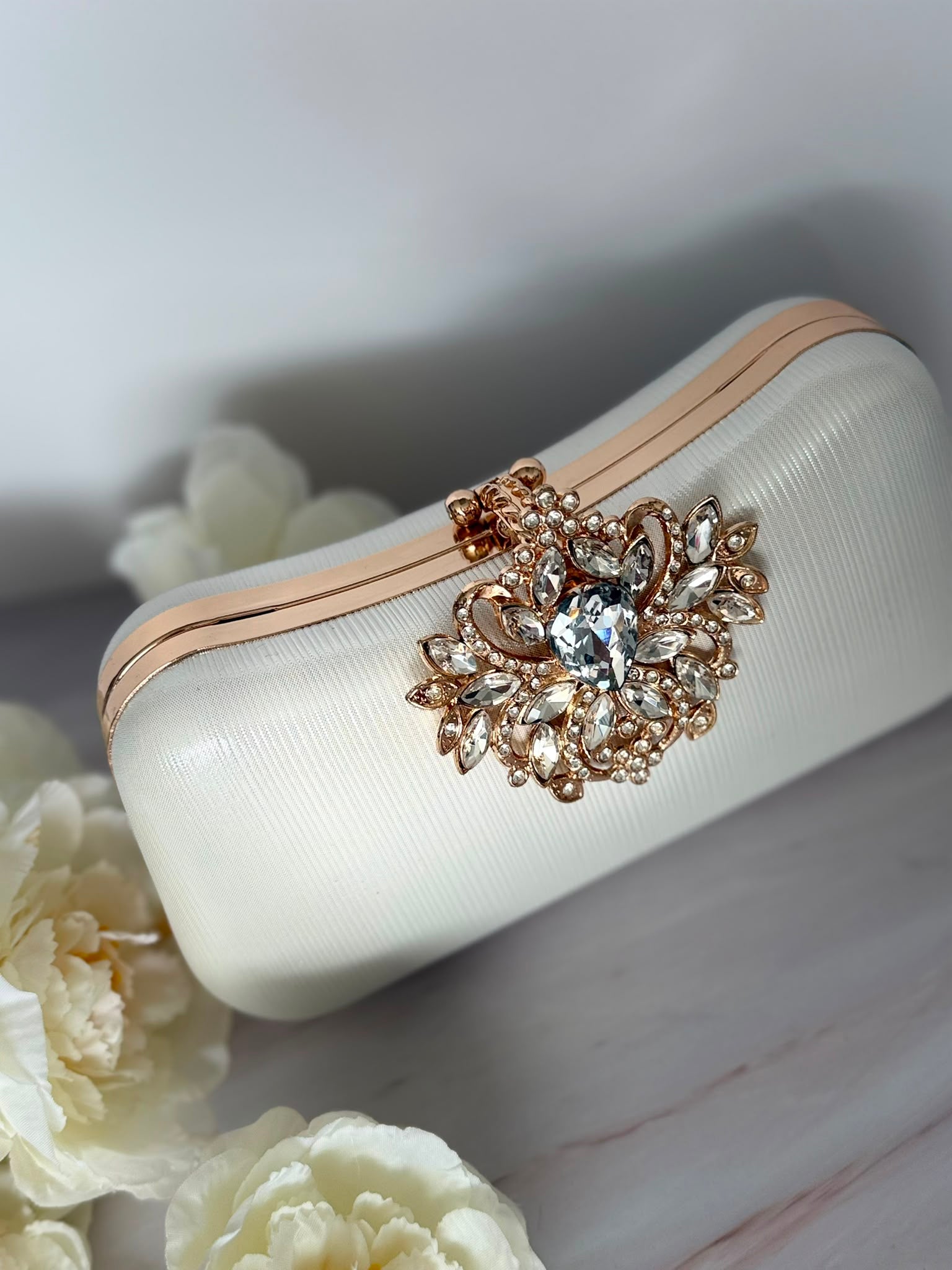 White Handbag with Crystal Clasp