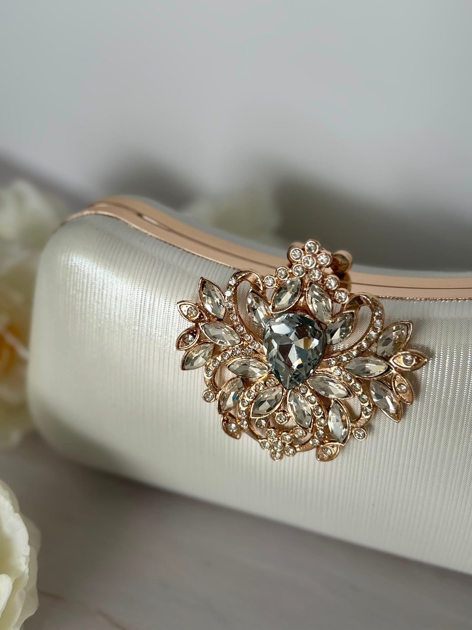 White Handbag with Crystal Clasp
