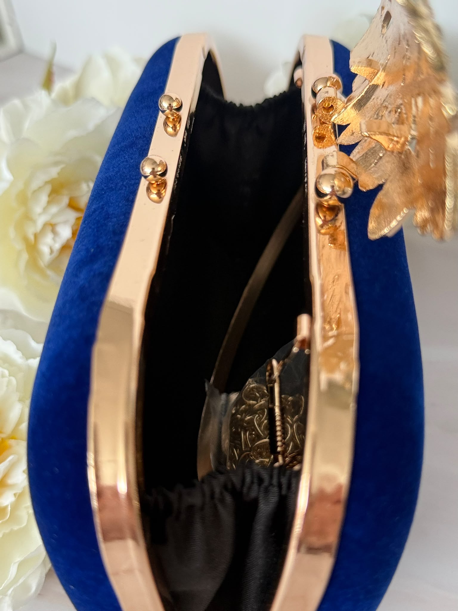 Navy Blue Velvet Crystal Evening Clutch with Gold Floral Detail