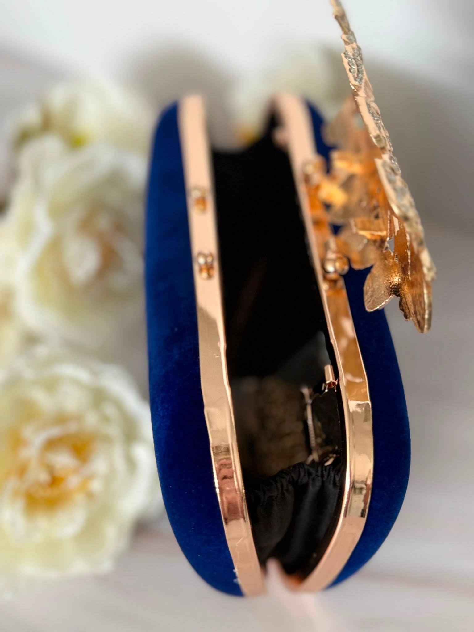 Navy Blue Velvet Crystal Evening Clutch with Gold Floral Detail
