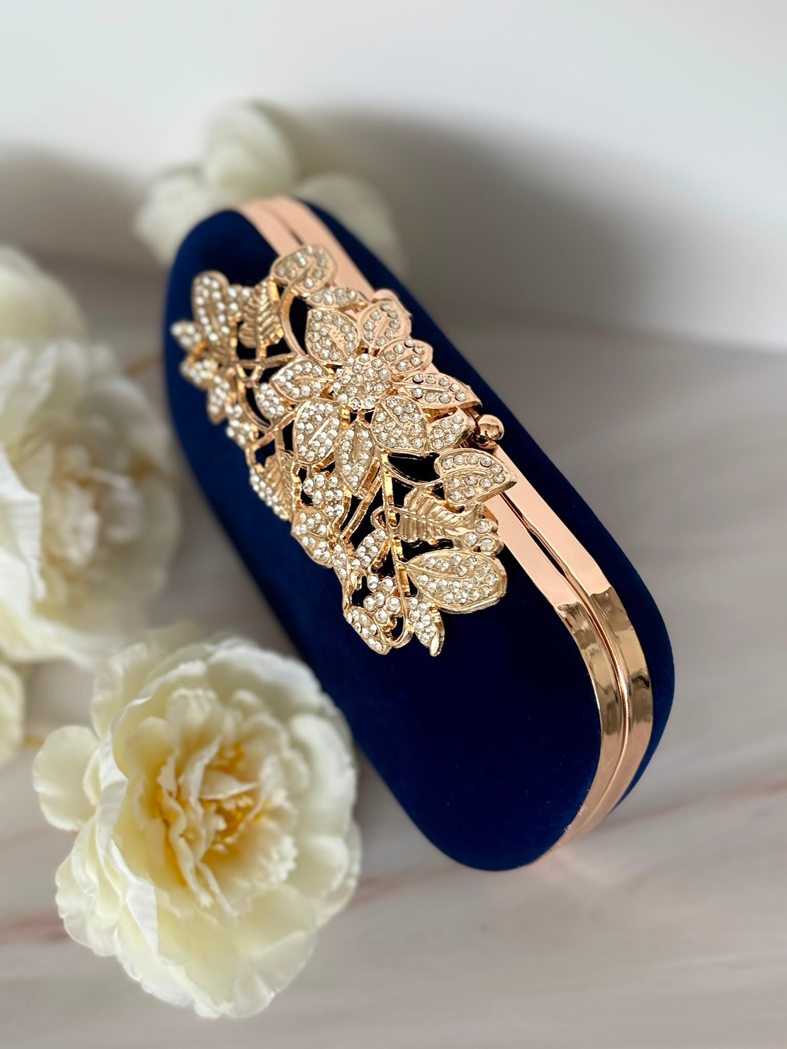 Navy Blue Velvet Crystal Evening Clutch with Gold Floral Detail