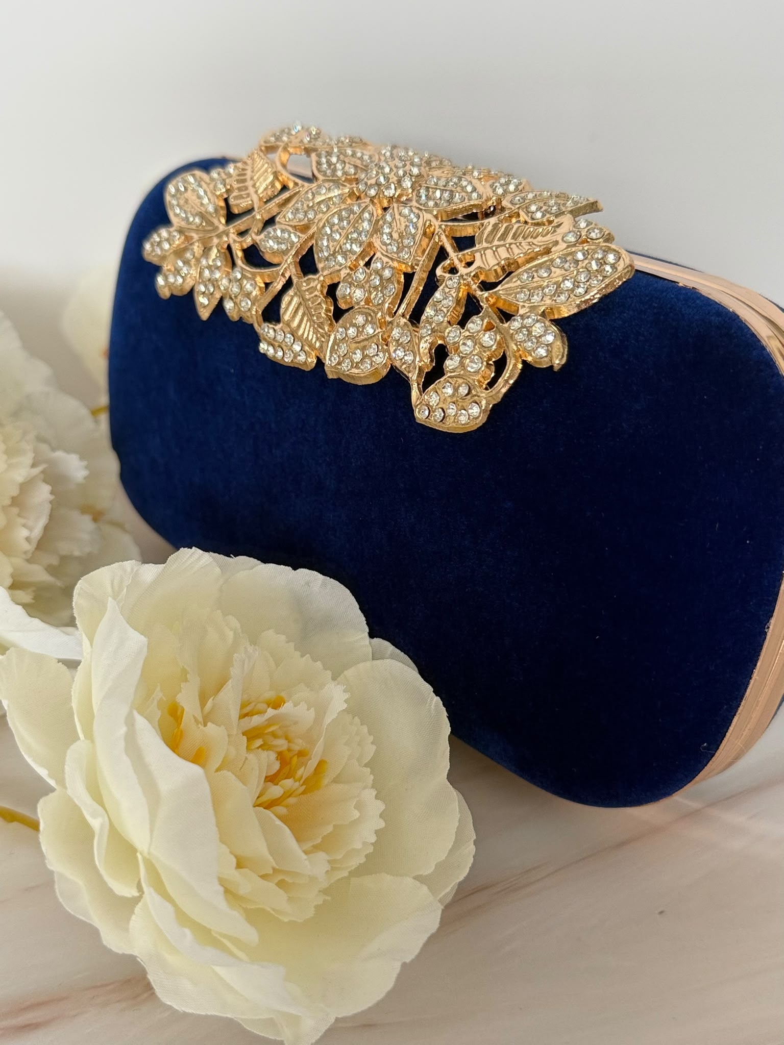 Navy Blue Velvet Crystal Evening Clutch with Gold Floral Detail