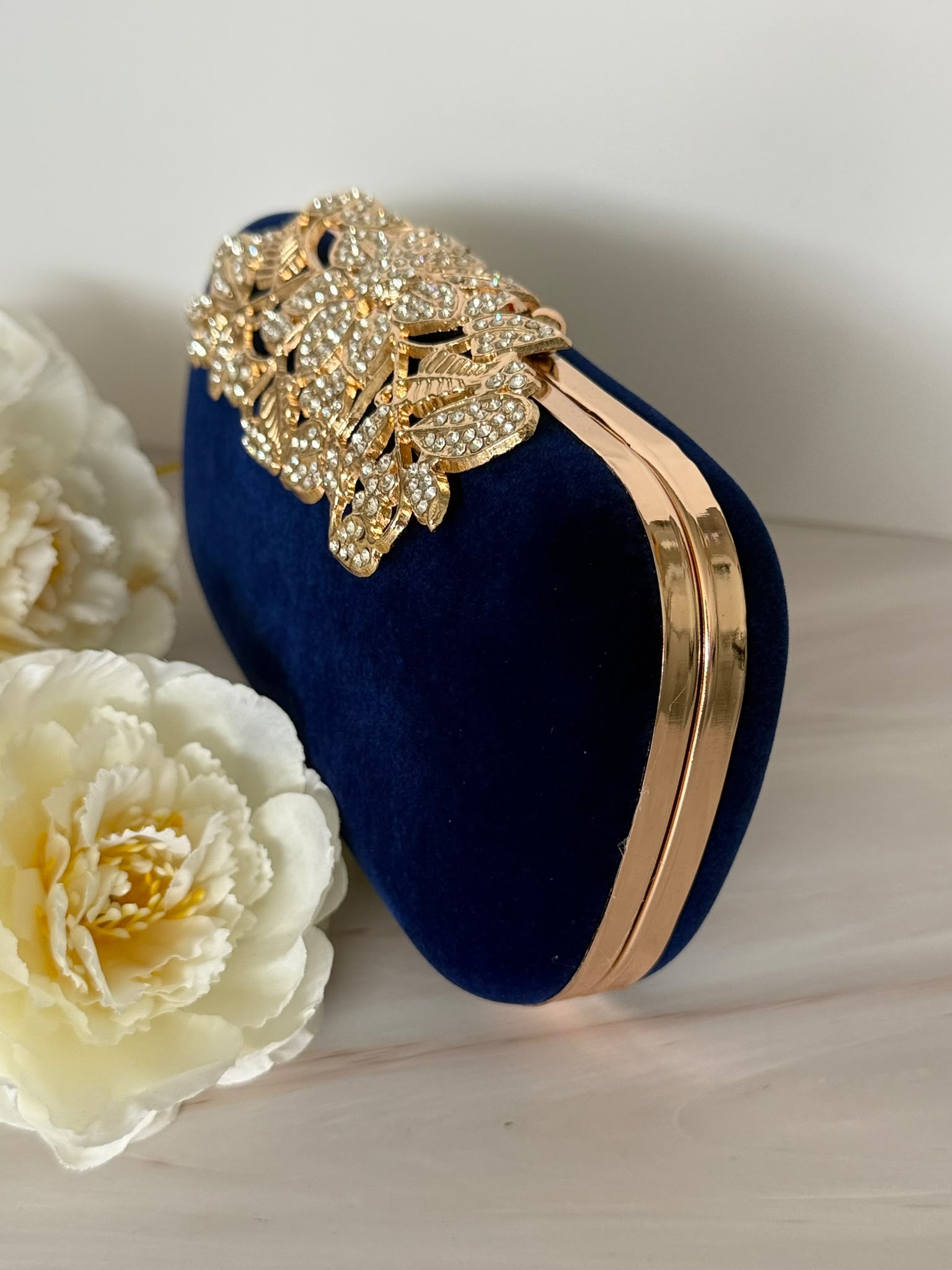 Navy Blue Velvet Crystal Evening Clutch with Gold Floral Detail