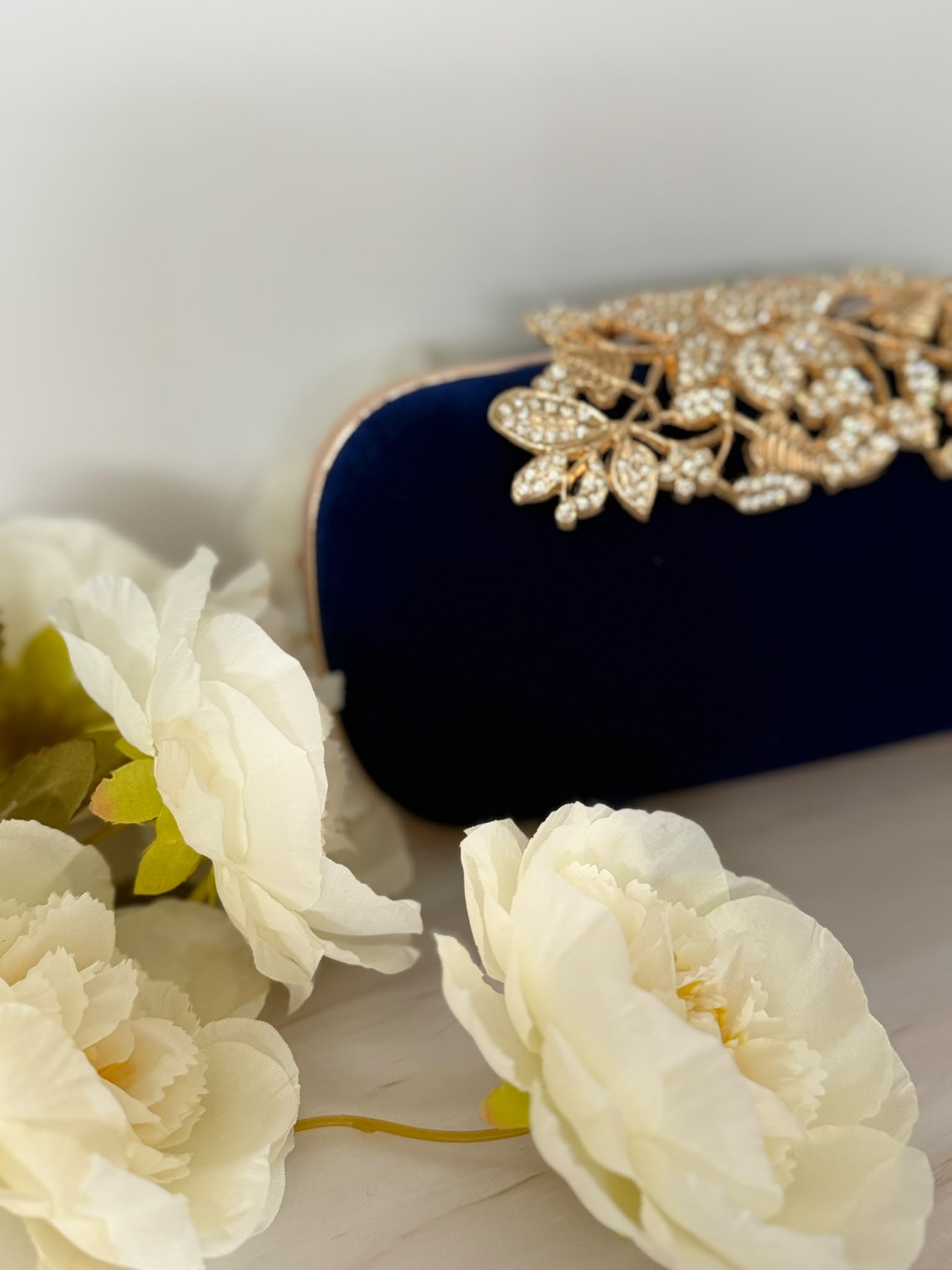Navy Blue Velvet Crystal Evening Clutch with Gold Floral Detail