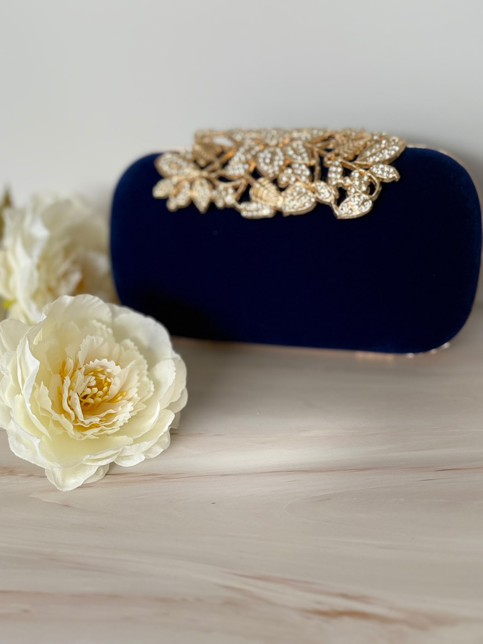 Navy Blue Velvet Crystal Evening Clutch with Gold Floral Detail