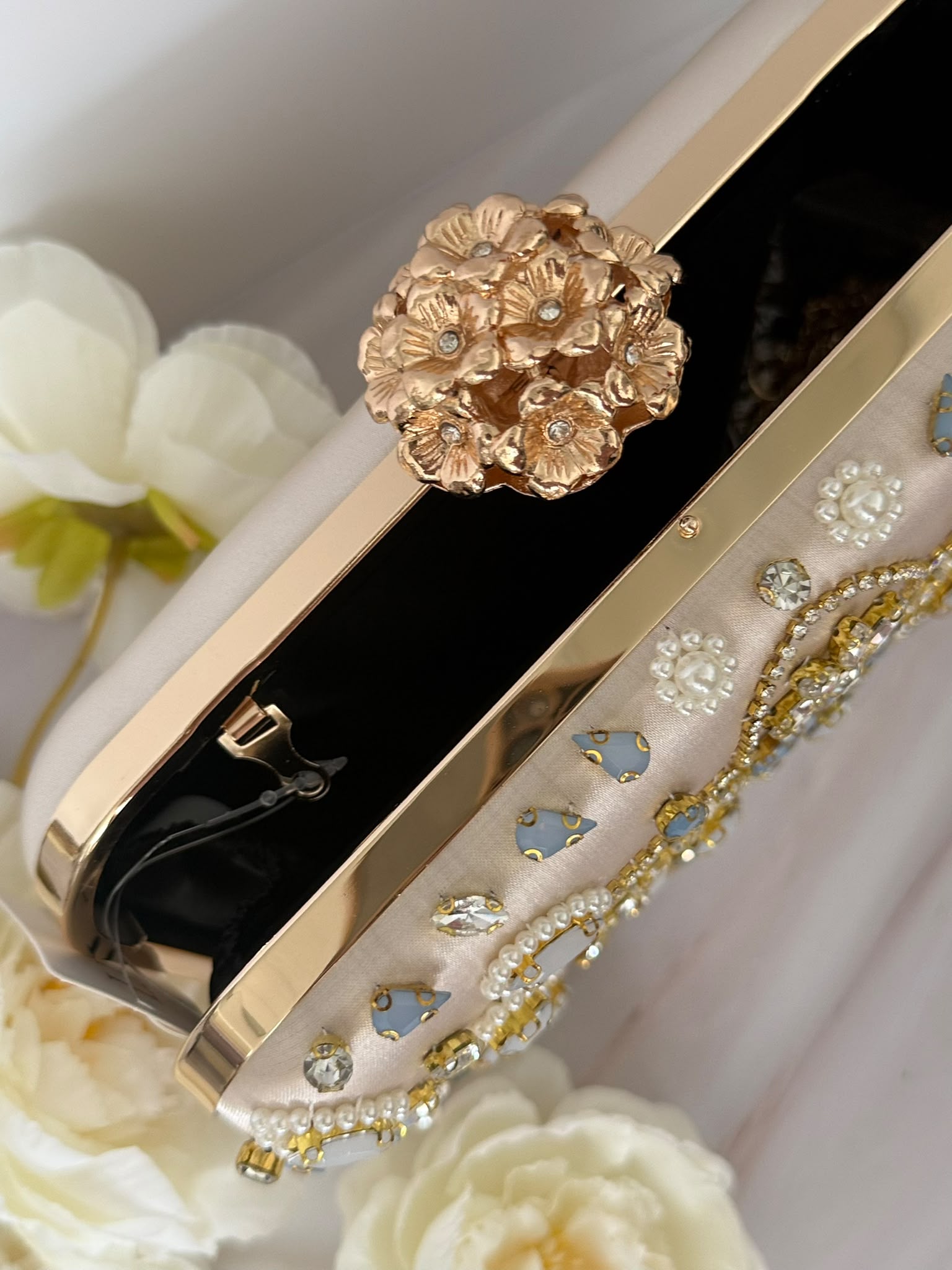 Gold Floral Jeweled Clutch with Blue Accents