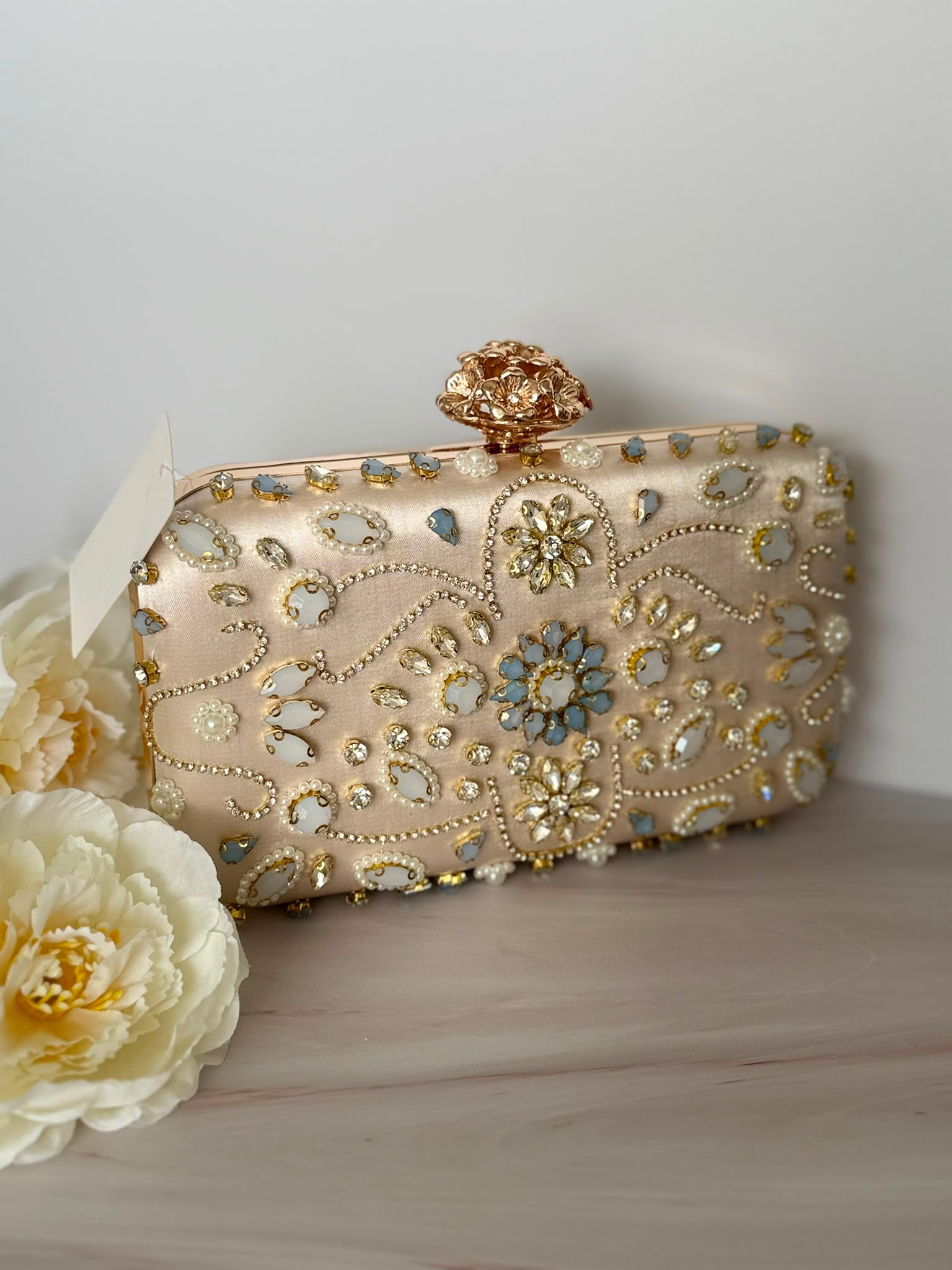 Gold Floral Jeweled Clutch with Blue Accents