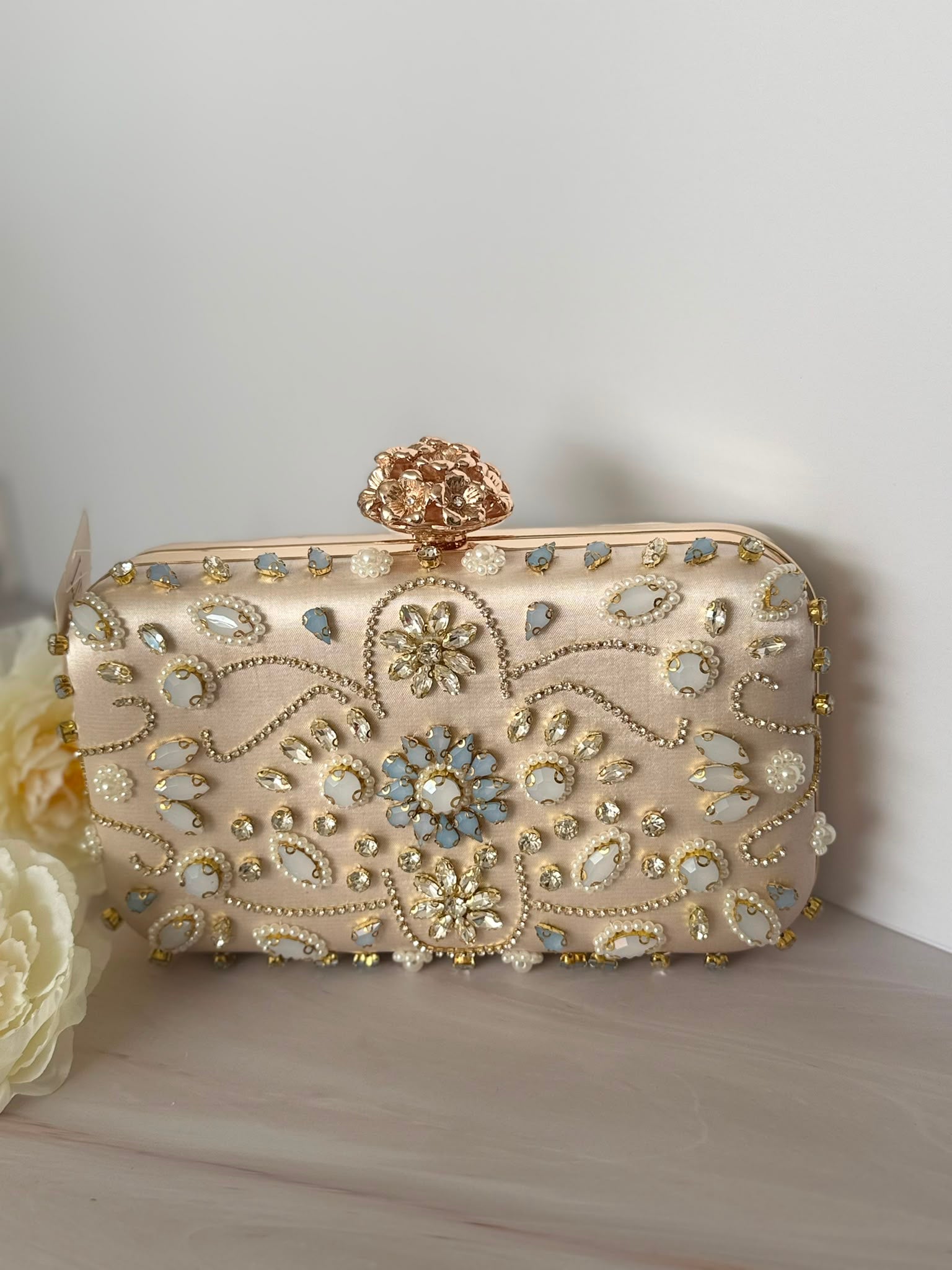 Gold Floral Jeweled Clutch with Blue Accents