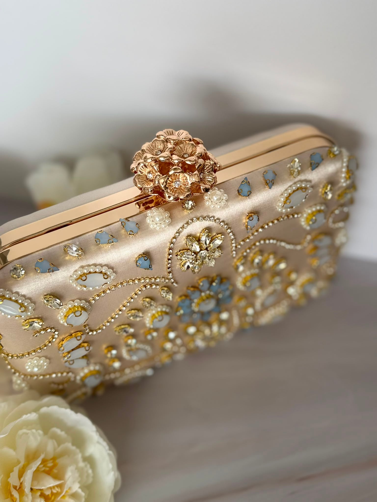 Gold Floral Jeweled Clutch with Blue Accents