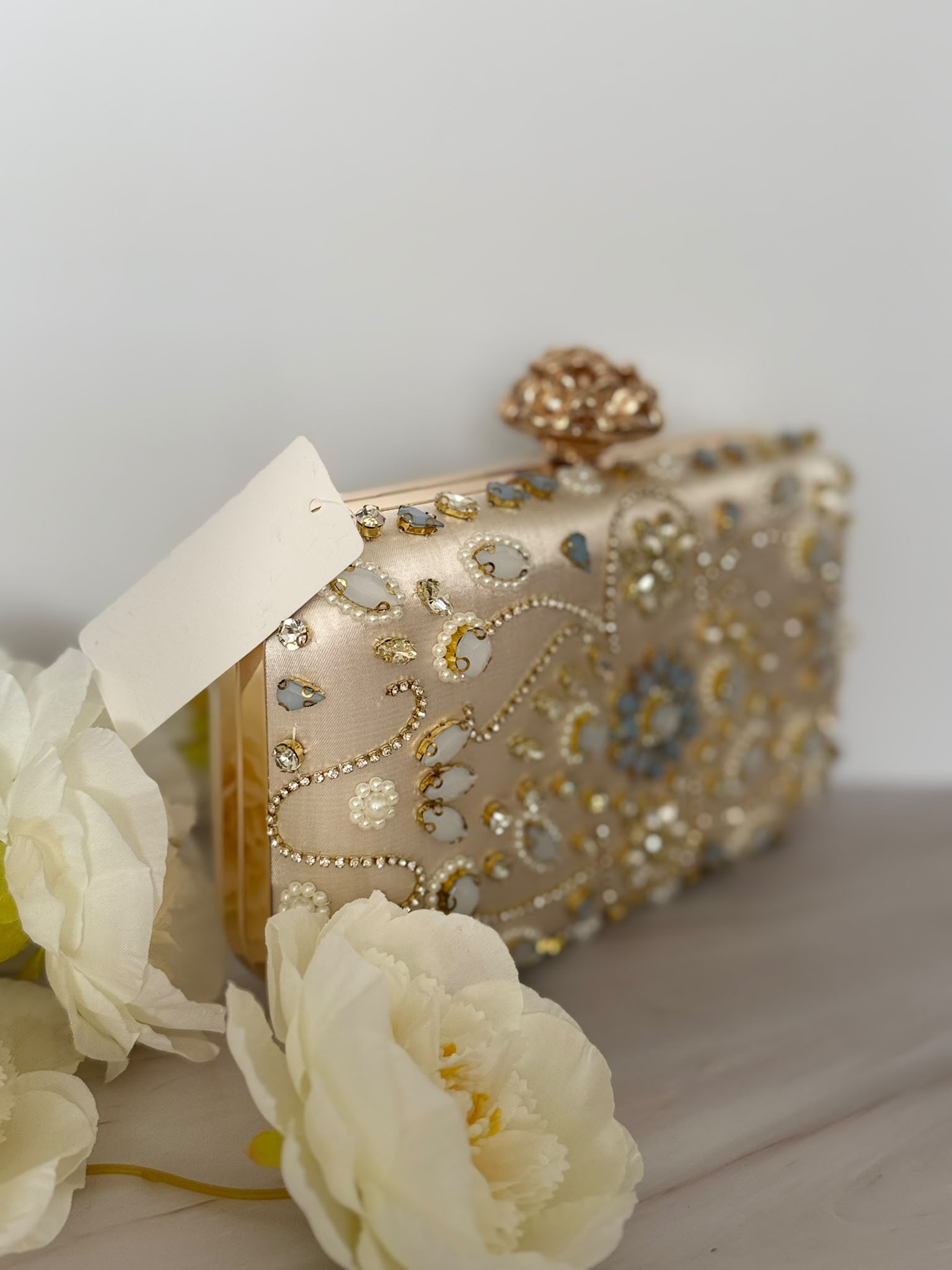 Gold Floral Jeweled Clutch with Blue Accents