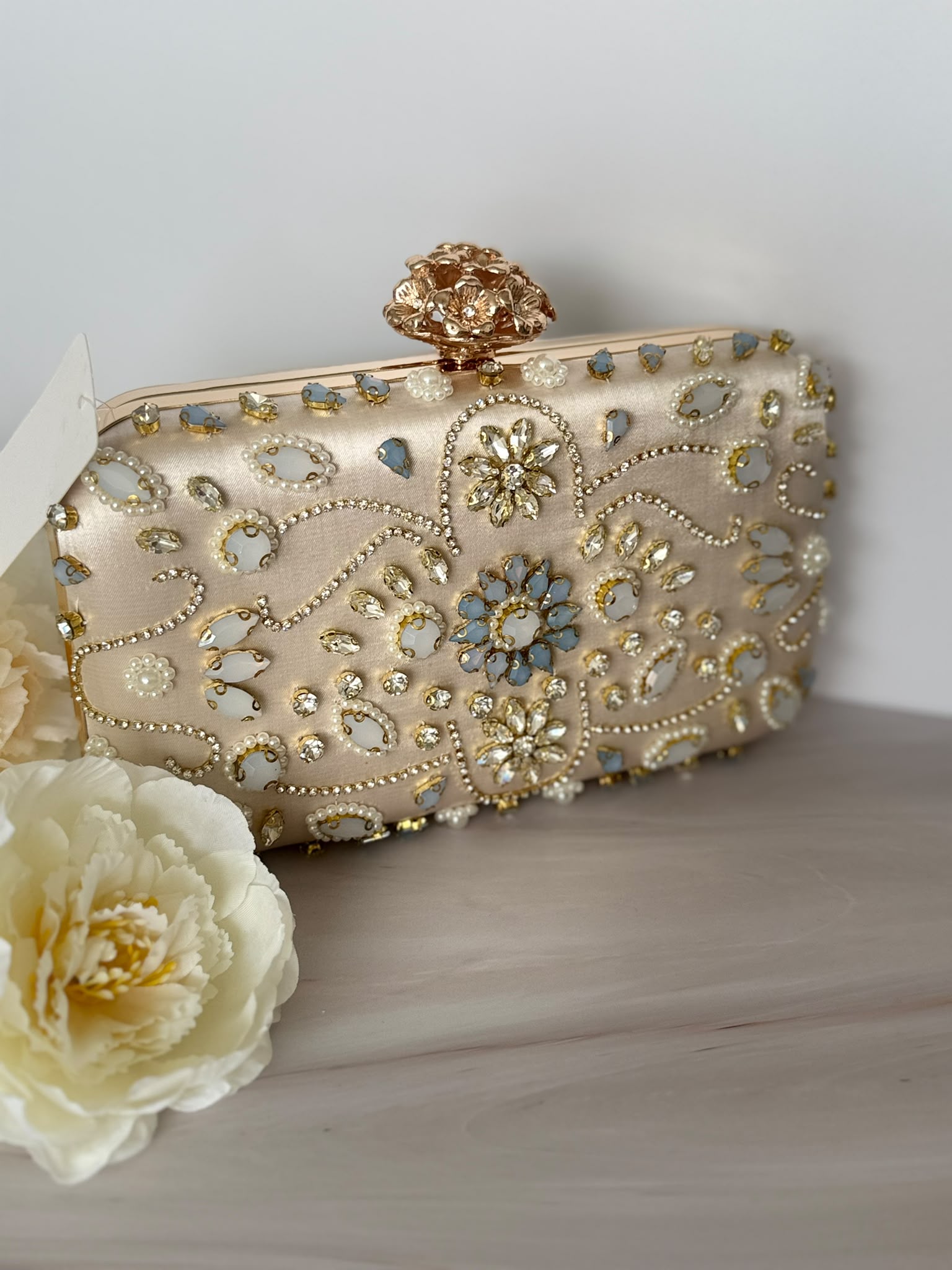 Gold Floral Jeweled Clutch with Blue Accents
