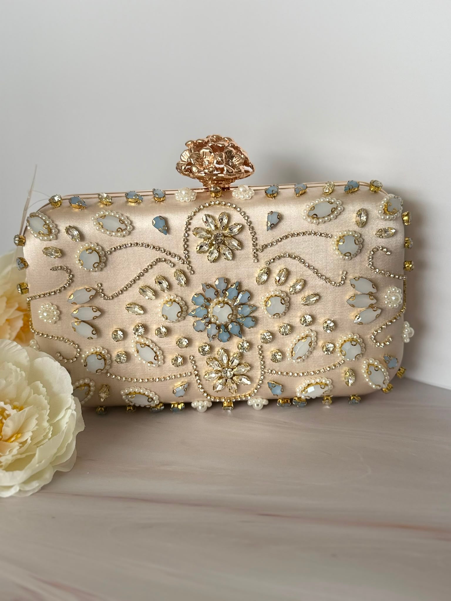 Gold Floral Jeweled Clutch with Blue Accents