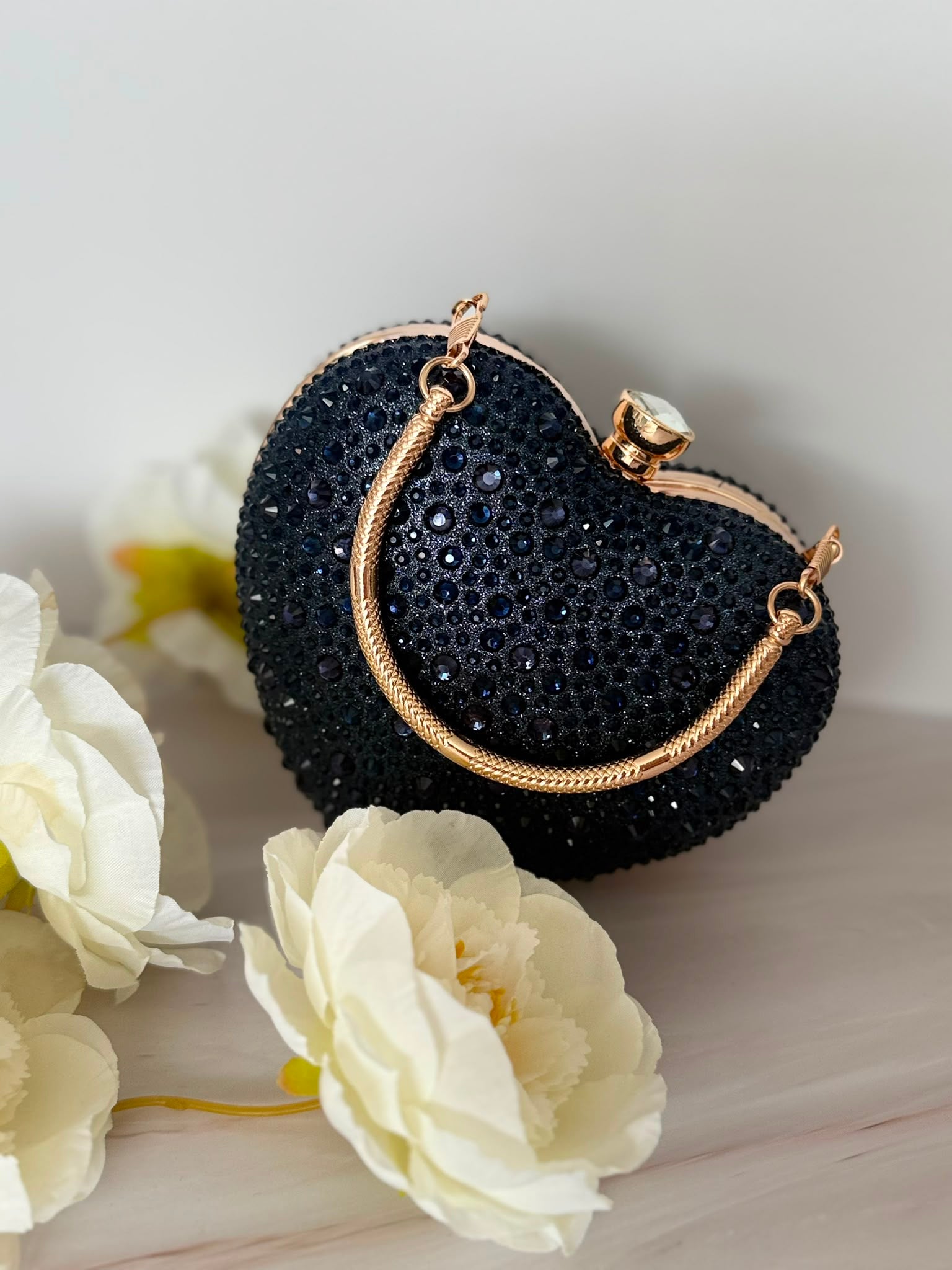 Navy Blue Crystal Heart Evening Clutch