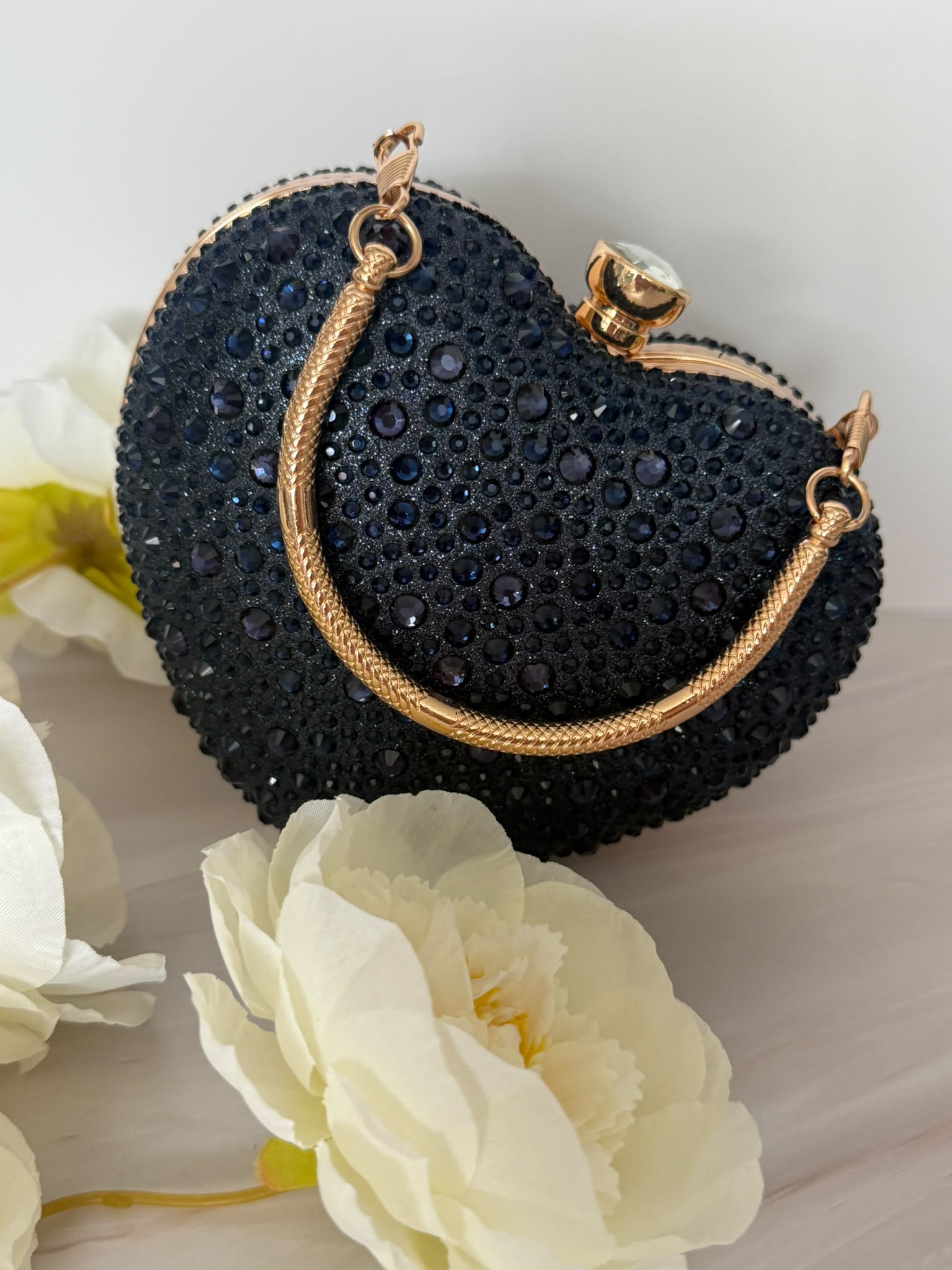 Navy Blue Crystal Heart Evening Clutch