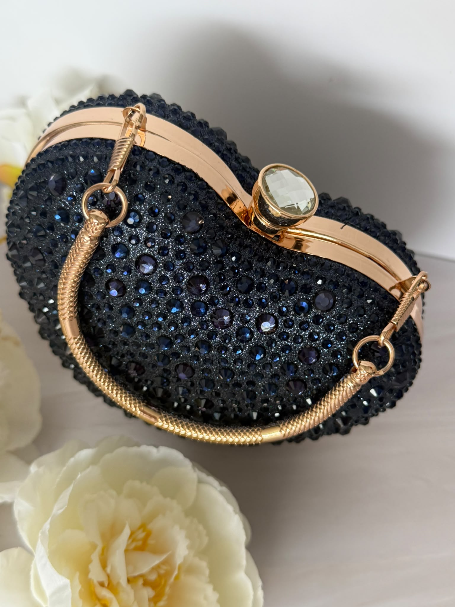 Navy Blue Crystal Heart Evening Clutch