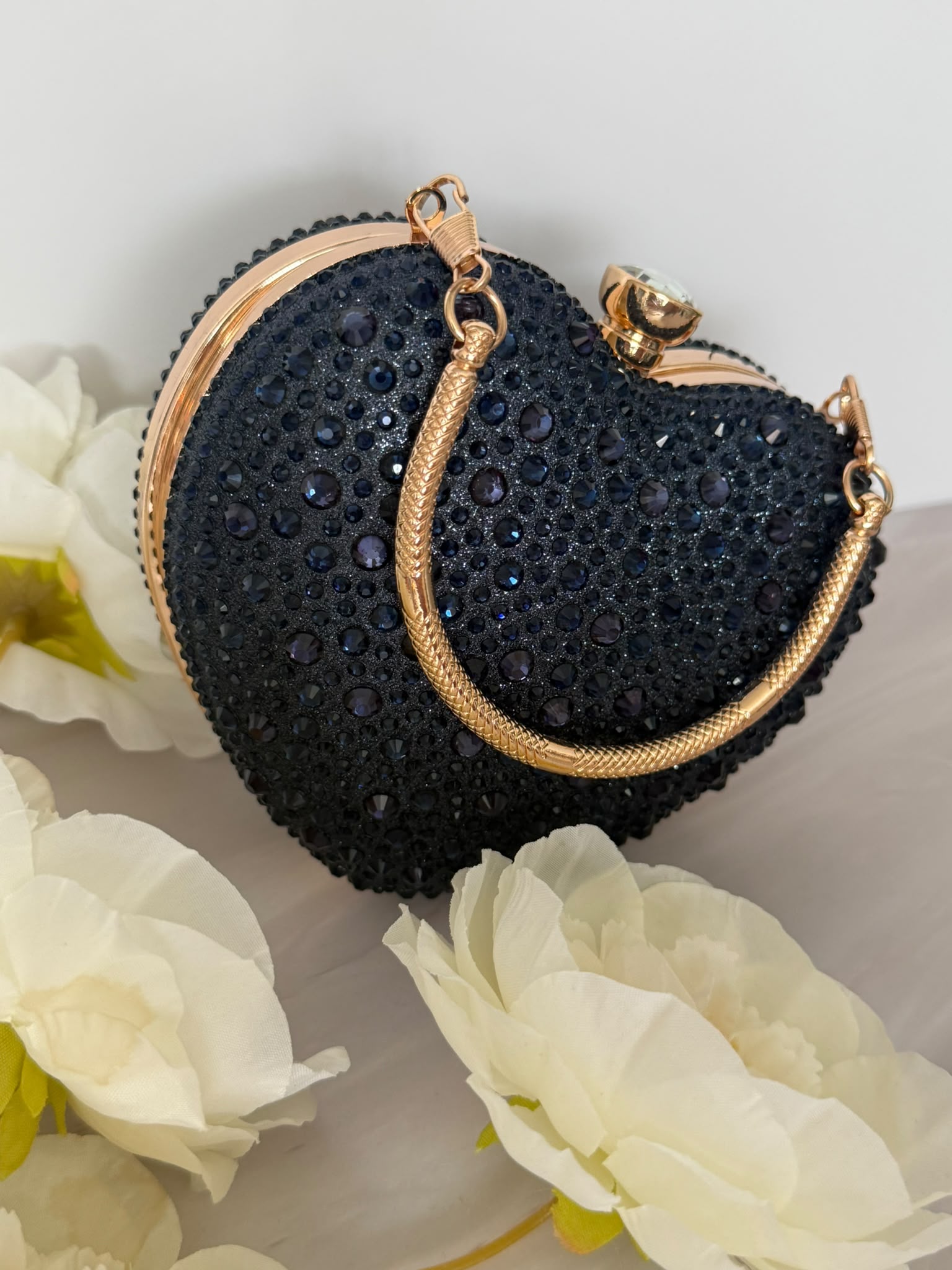 Navy Blue Crystal Heart Evening Clutch