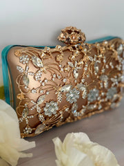 Golden Rhinestone Crystal Floral Evening Clutch