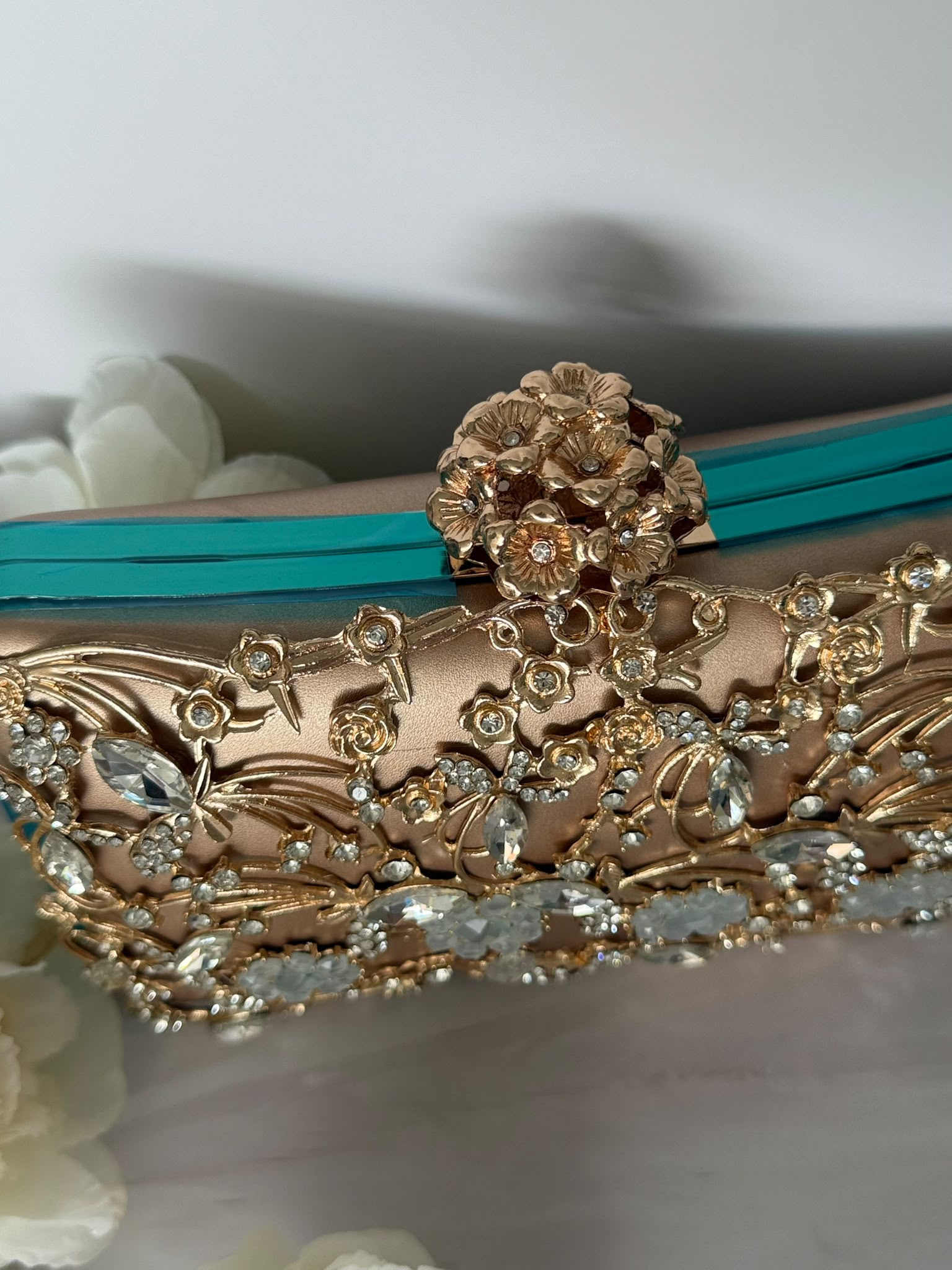 Golden Rhinestone Crystal Floral Evening Clutch