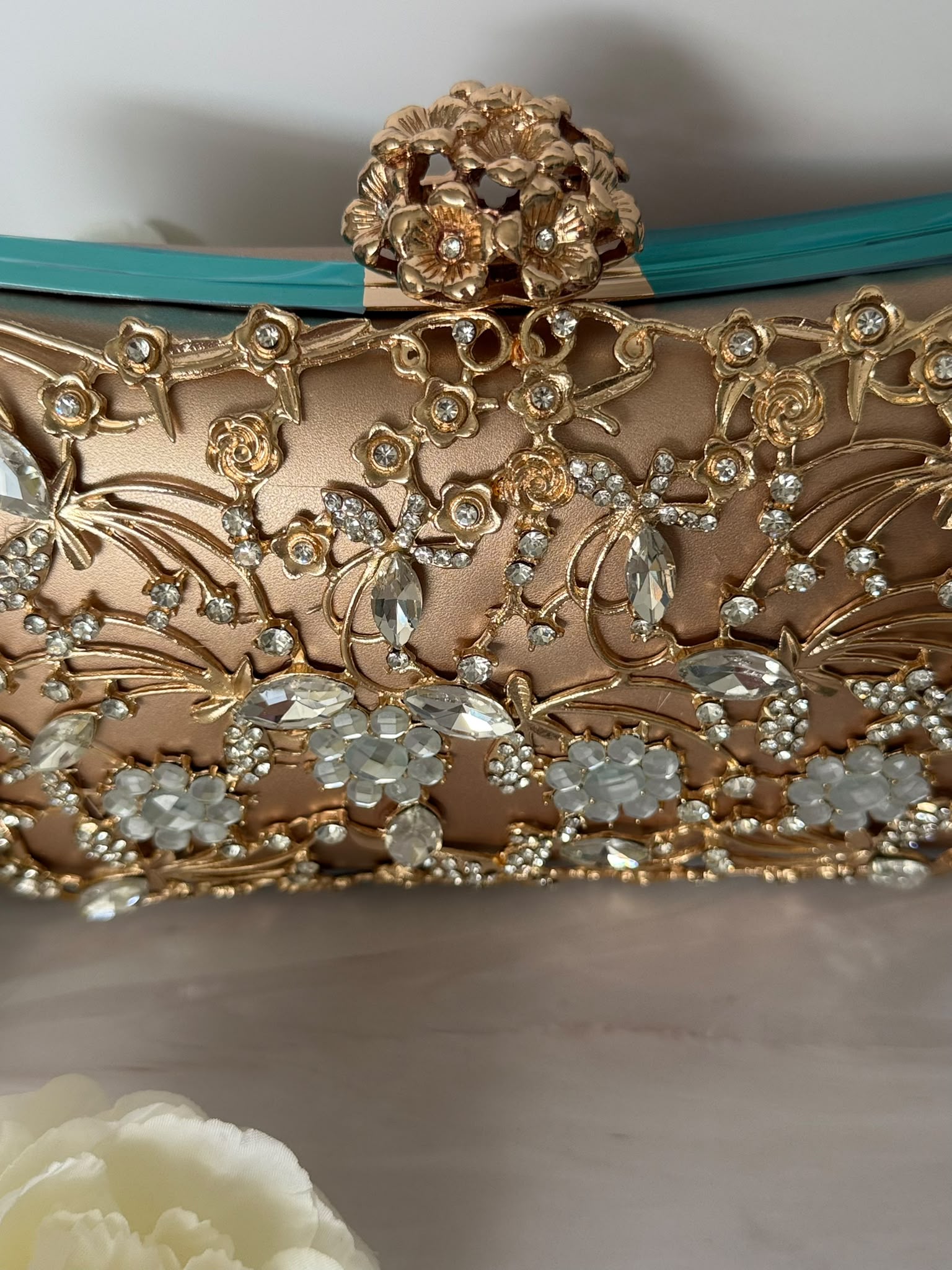 Golden Rhinestone Crystal Floral Evening Clutch