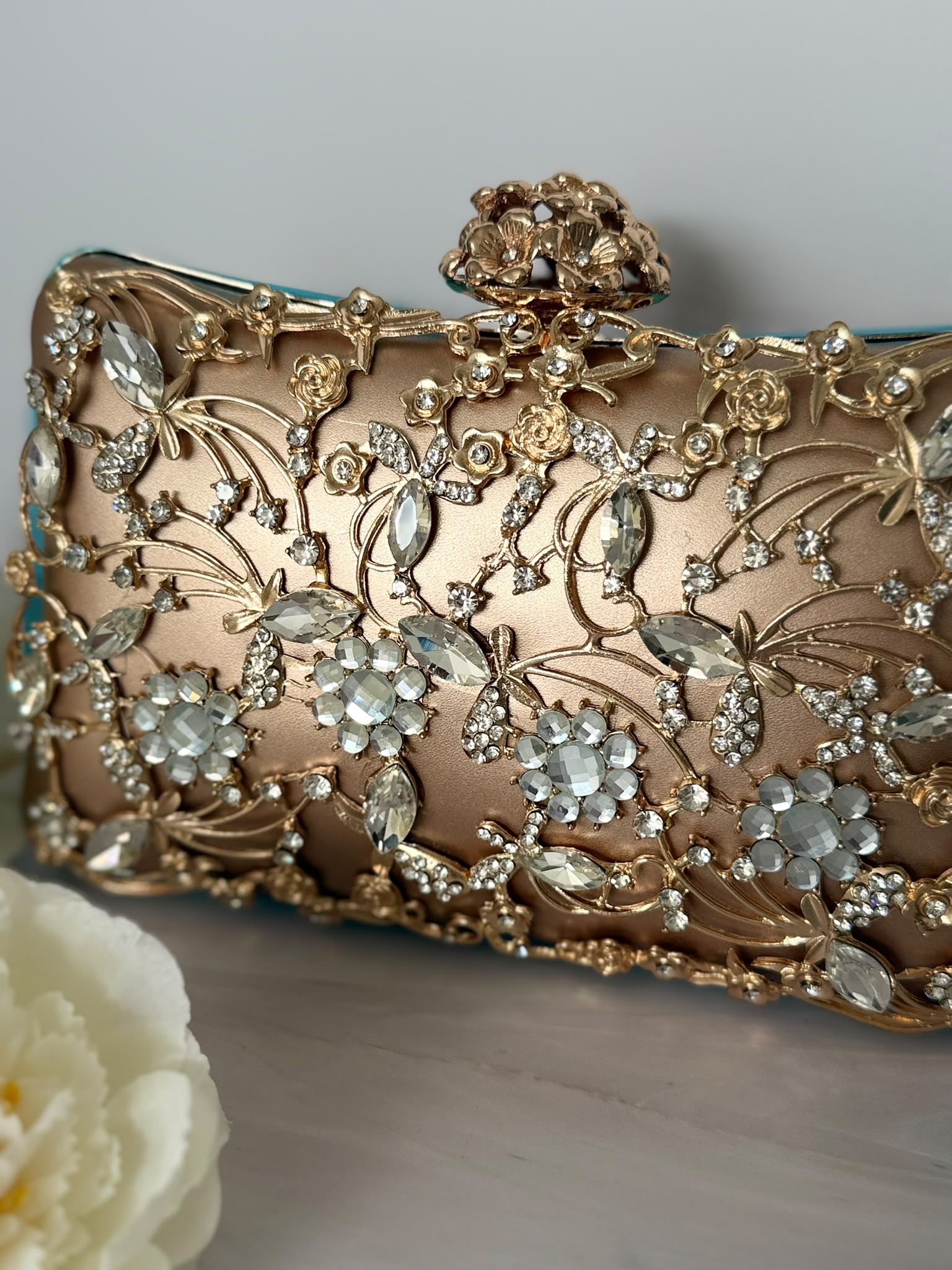 Golden Rhinestone Crystal Floral Evening Clutch