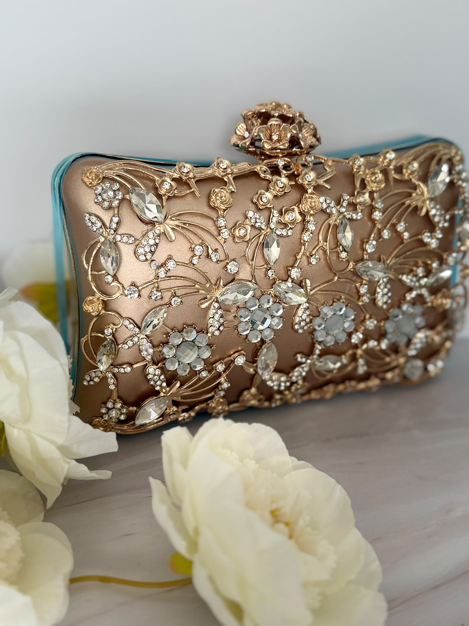 Golden Rhinestone Crystal Floral Evening Clutch