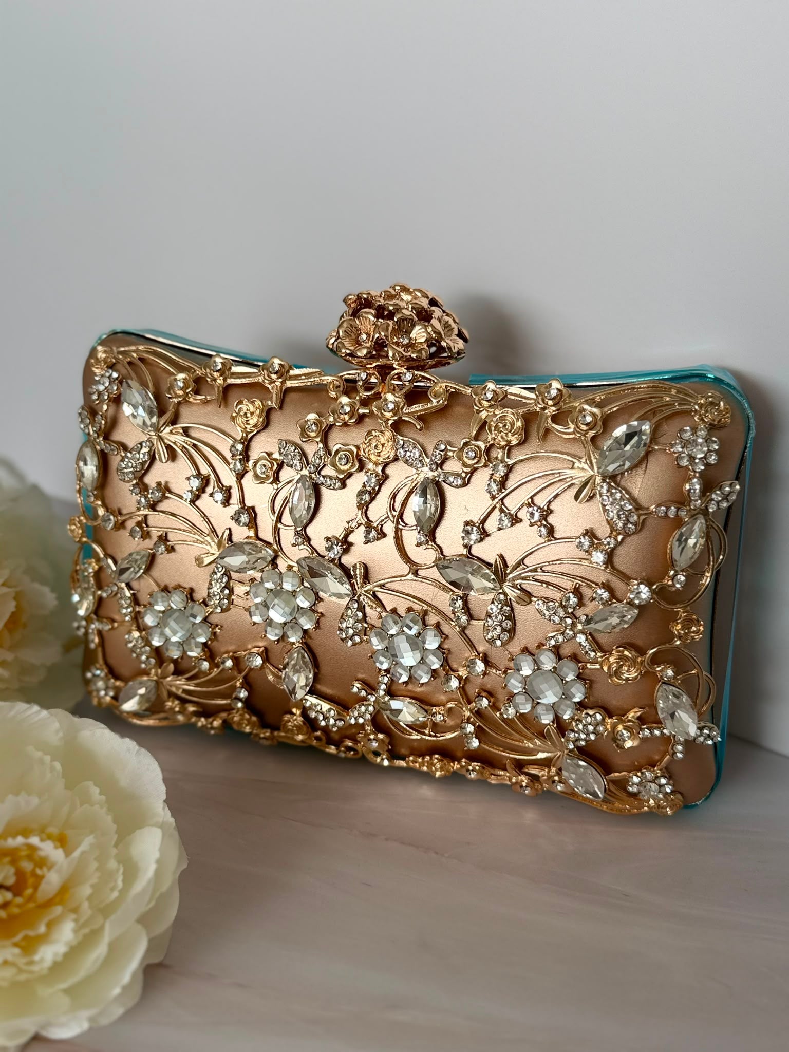 Golden Rhinestone Crystal Floral Evening Clutch